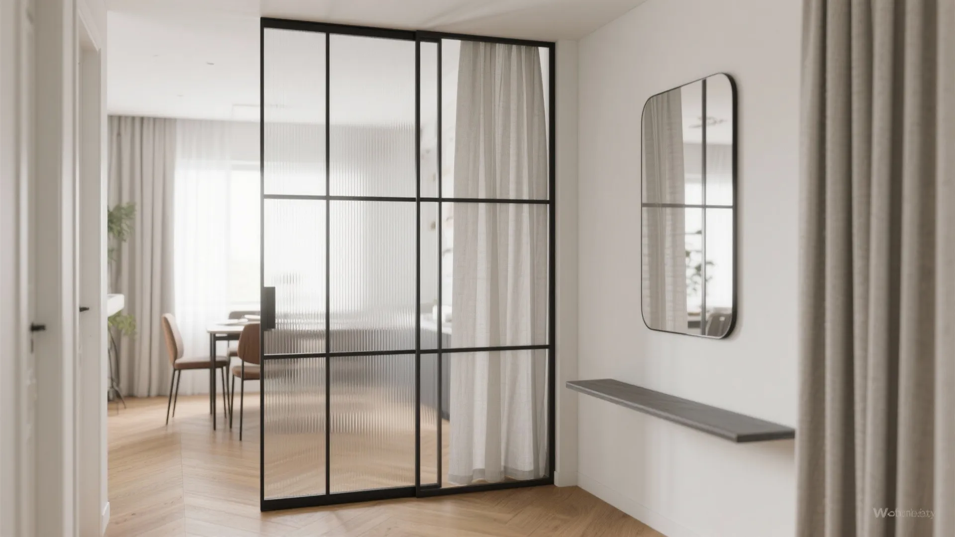 Modern hallway with glass sliding door mirror wall shelf wooden floor and bright dining room