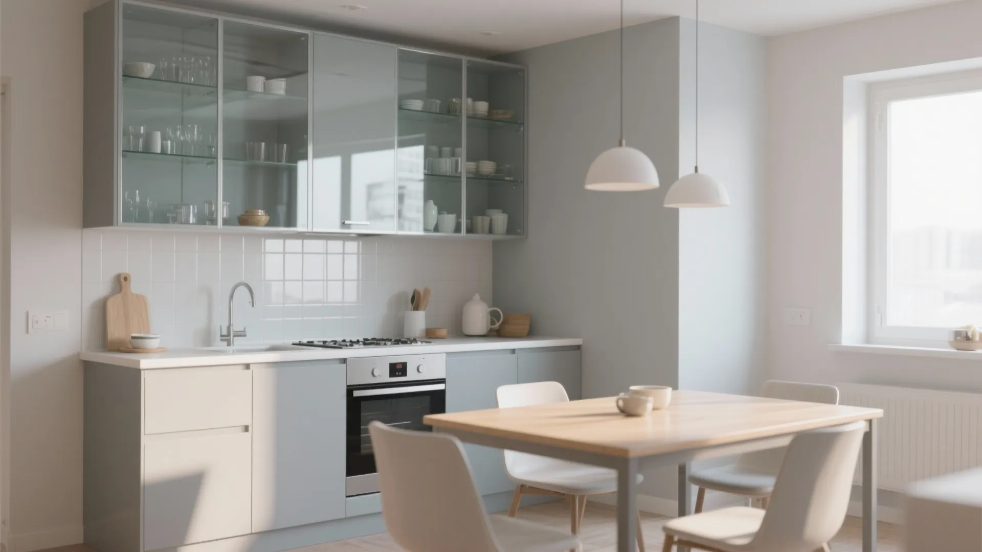 Modern light blue kitchen with glass cabinets white dining table and two white ceiling lights