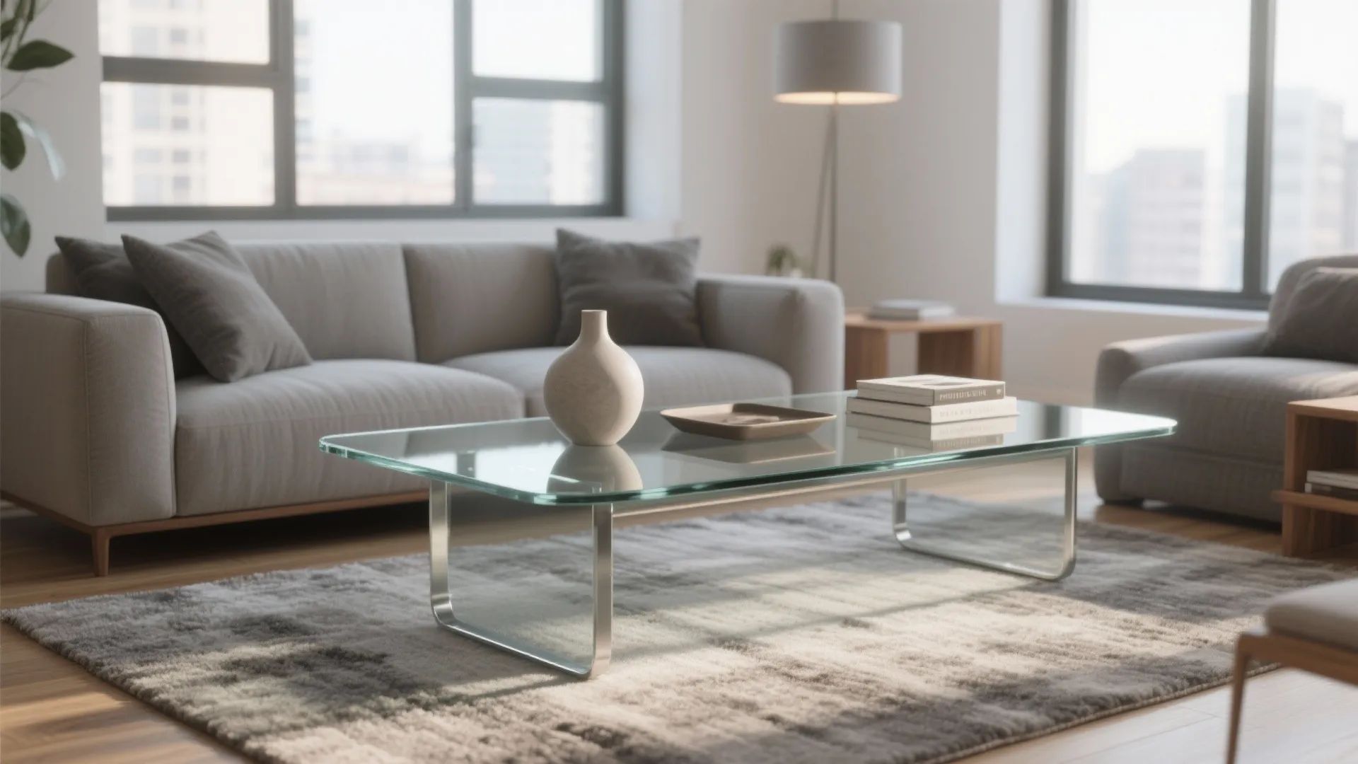 Modern bright living room with grey sofa glass coffee table grey rug and big windows