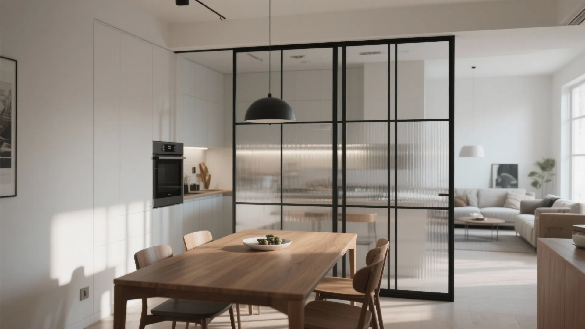 Light-and-airy glass partitions for visual flow