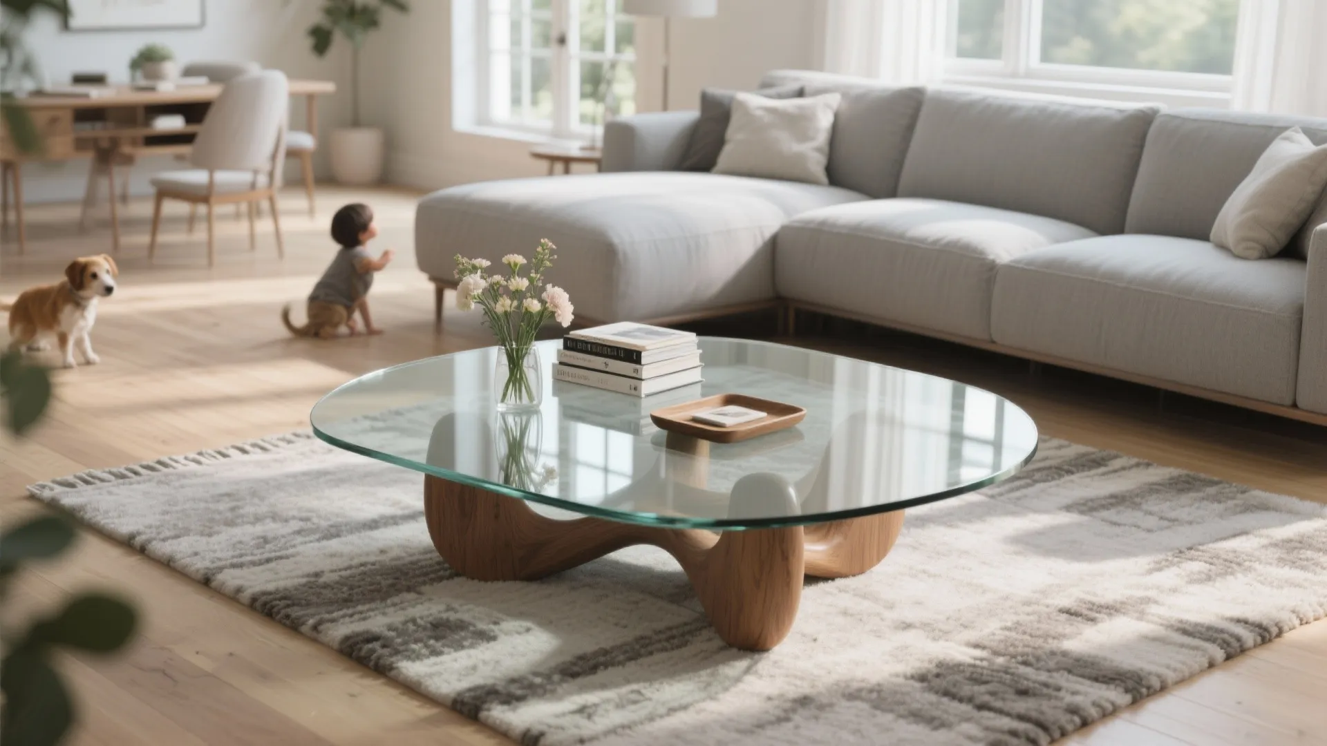 Modern glass coffee table on patterned rug with grey sofa and dog in bright living room
