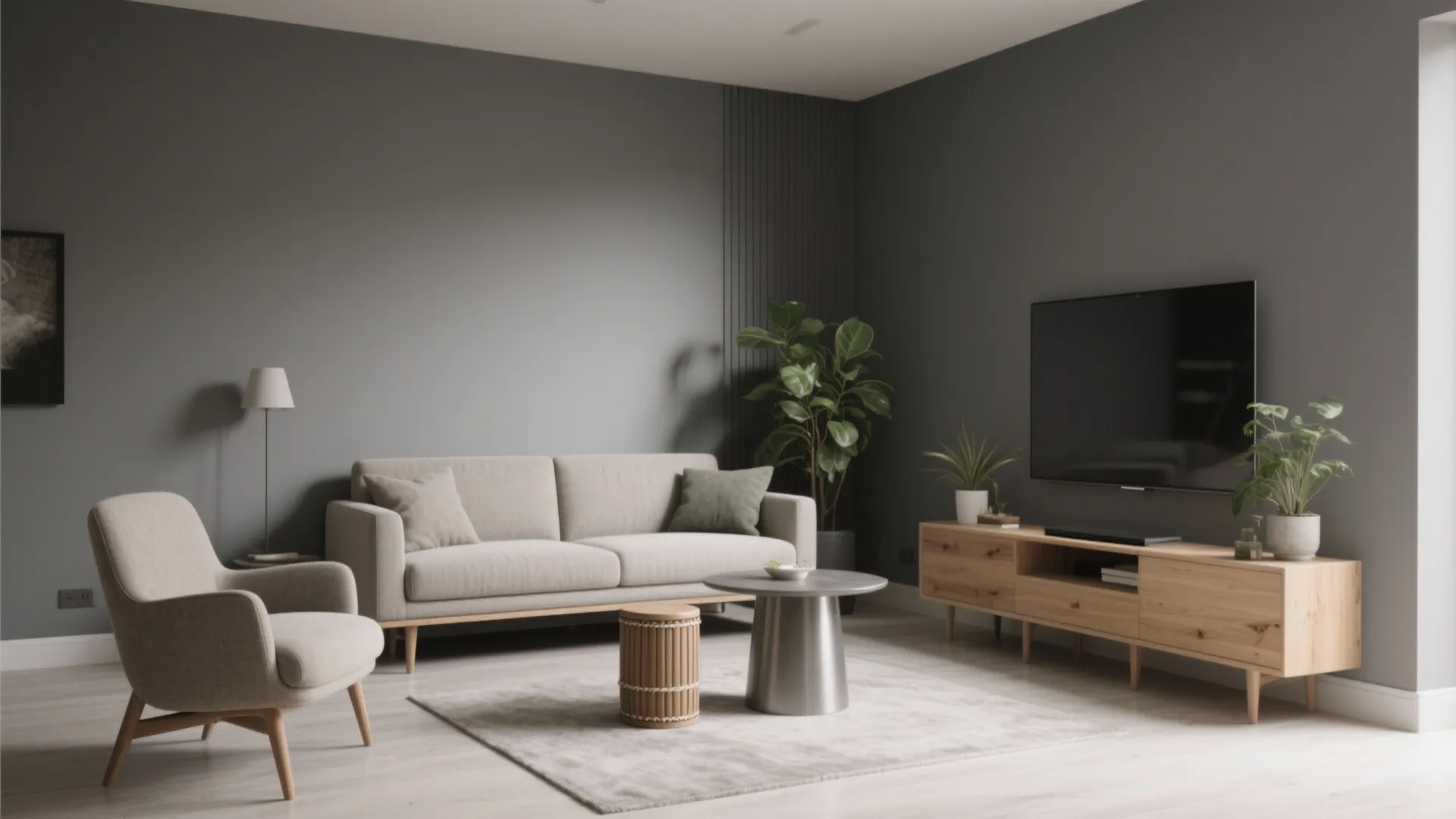 Gray living room layout with sofa armchair television wooden cabinet green plants and round table