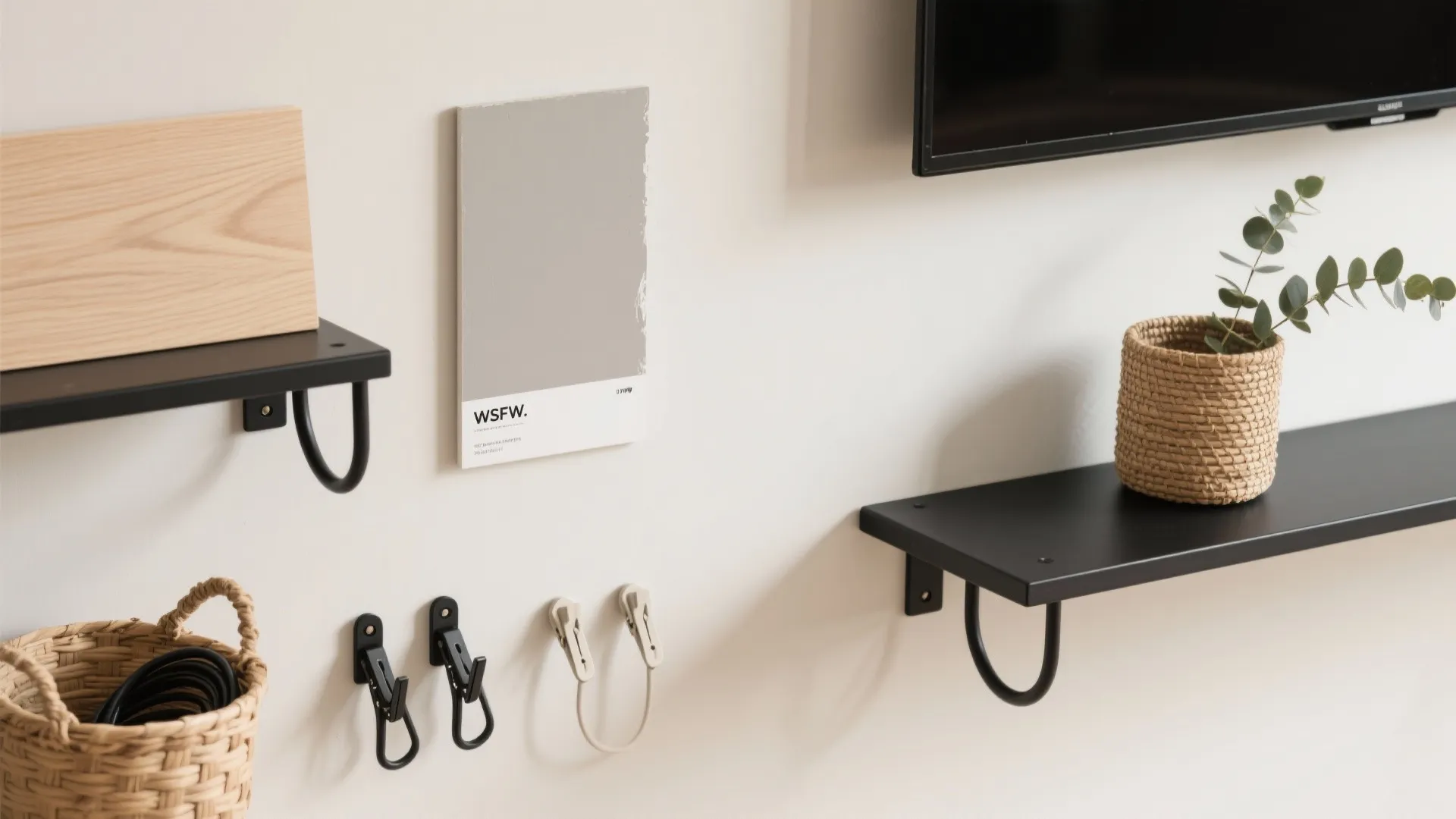 Flatlay of light oak veneer, matte greige paint, black brackets, baskets, and cable clips.