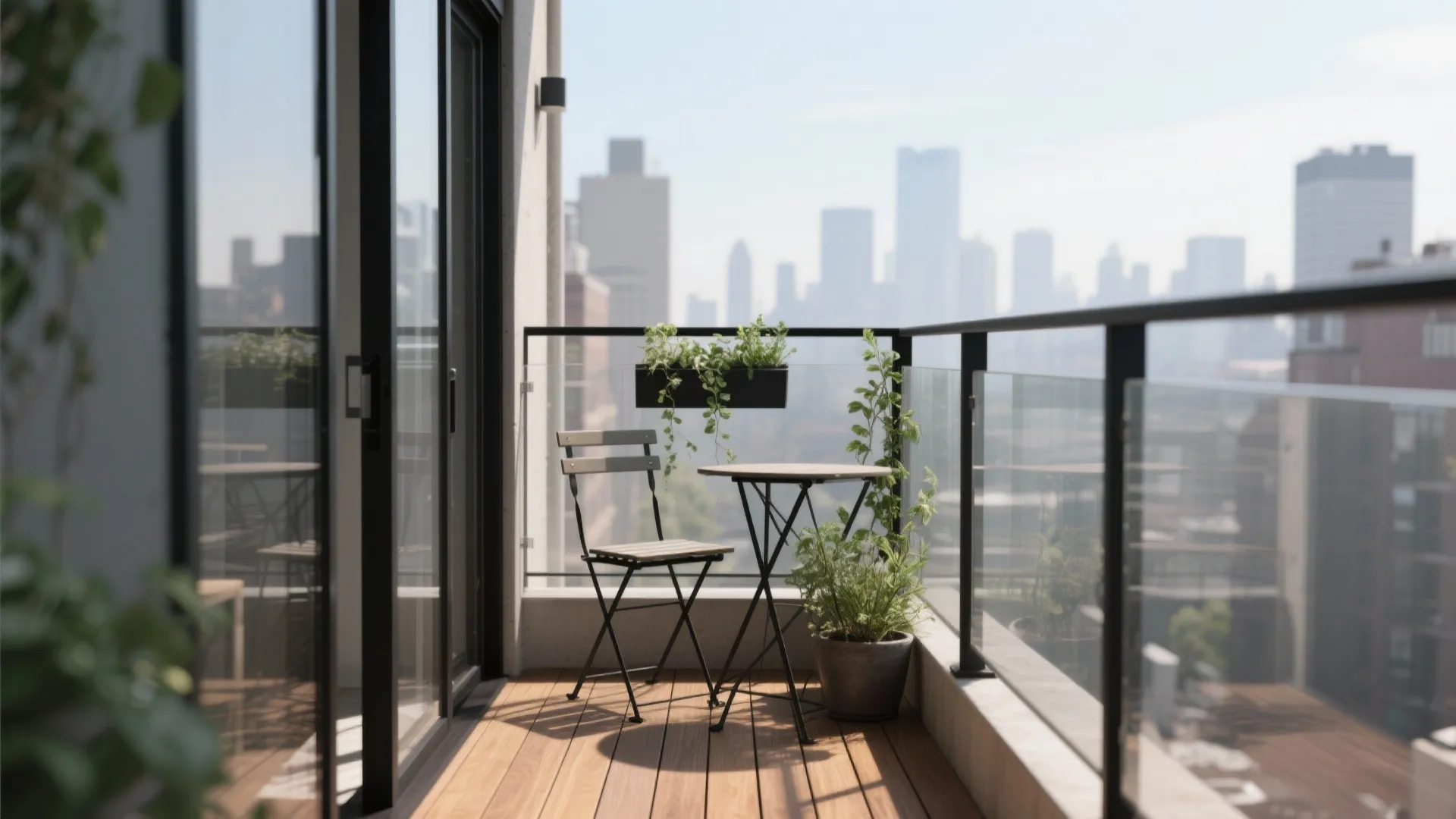 Modern balcony with wooden floor small black table one chair green plants and city view
