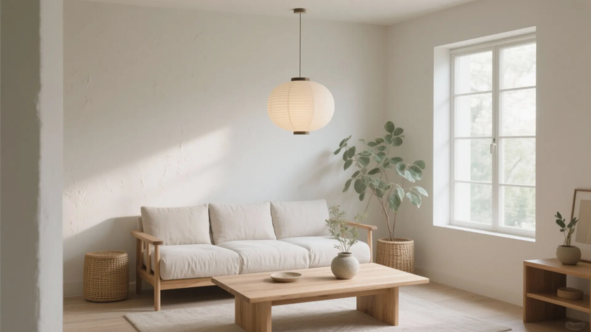 Minimalist Japandi living room with white sofa wooden coffee table round ceiling light and green plant