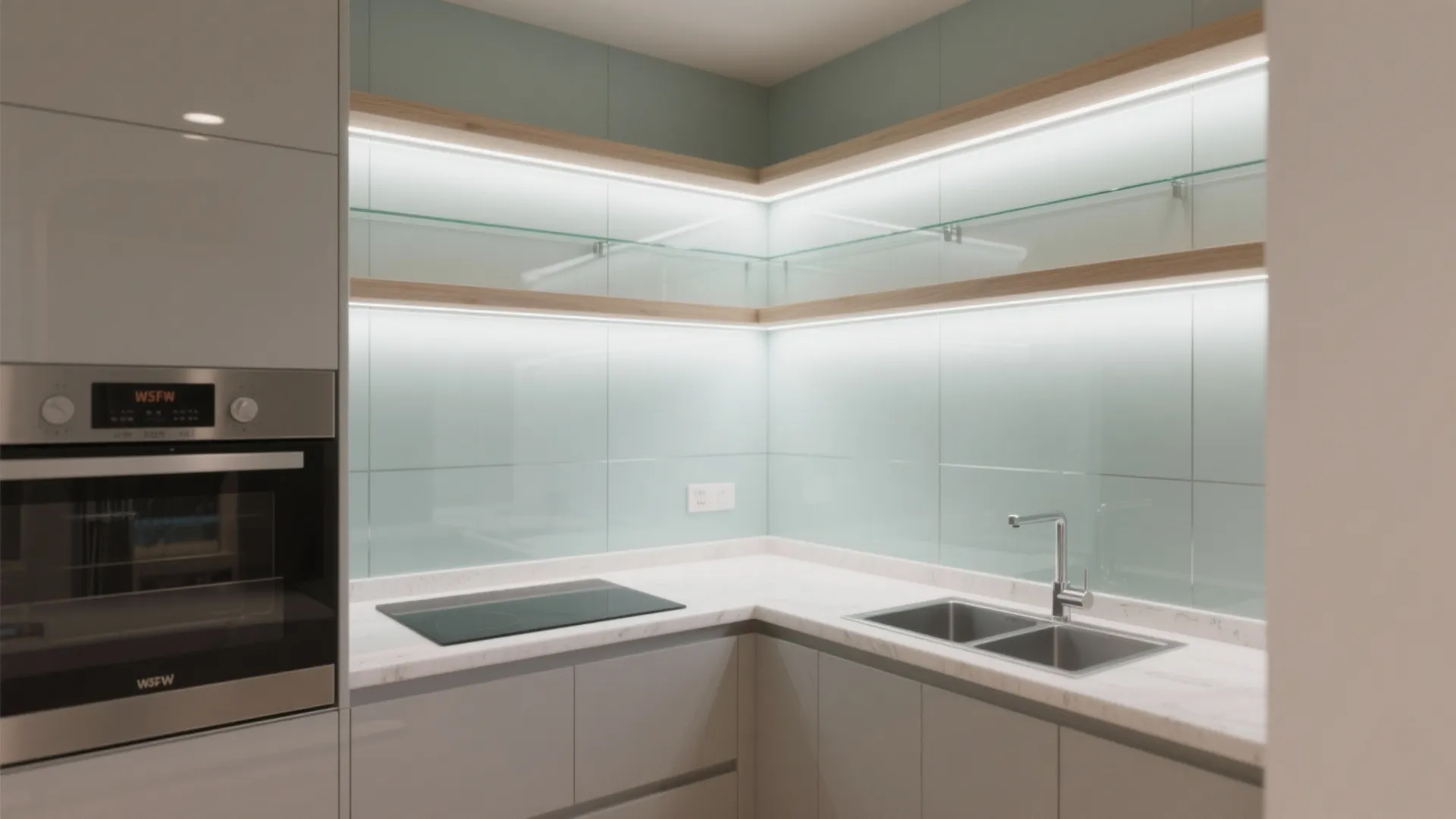 Glass backsplash and open shelving for kitchen airiness