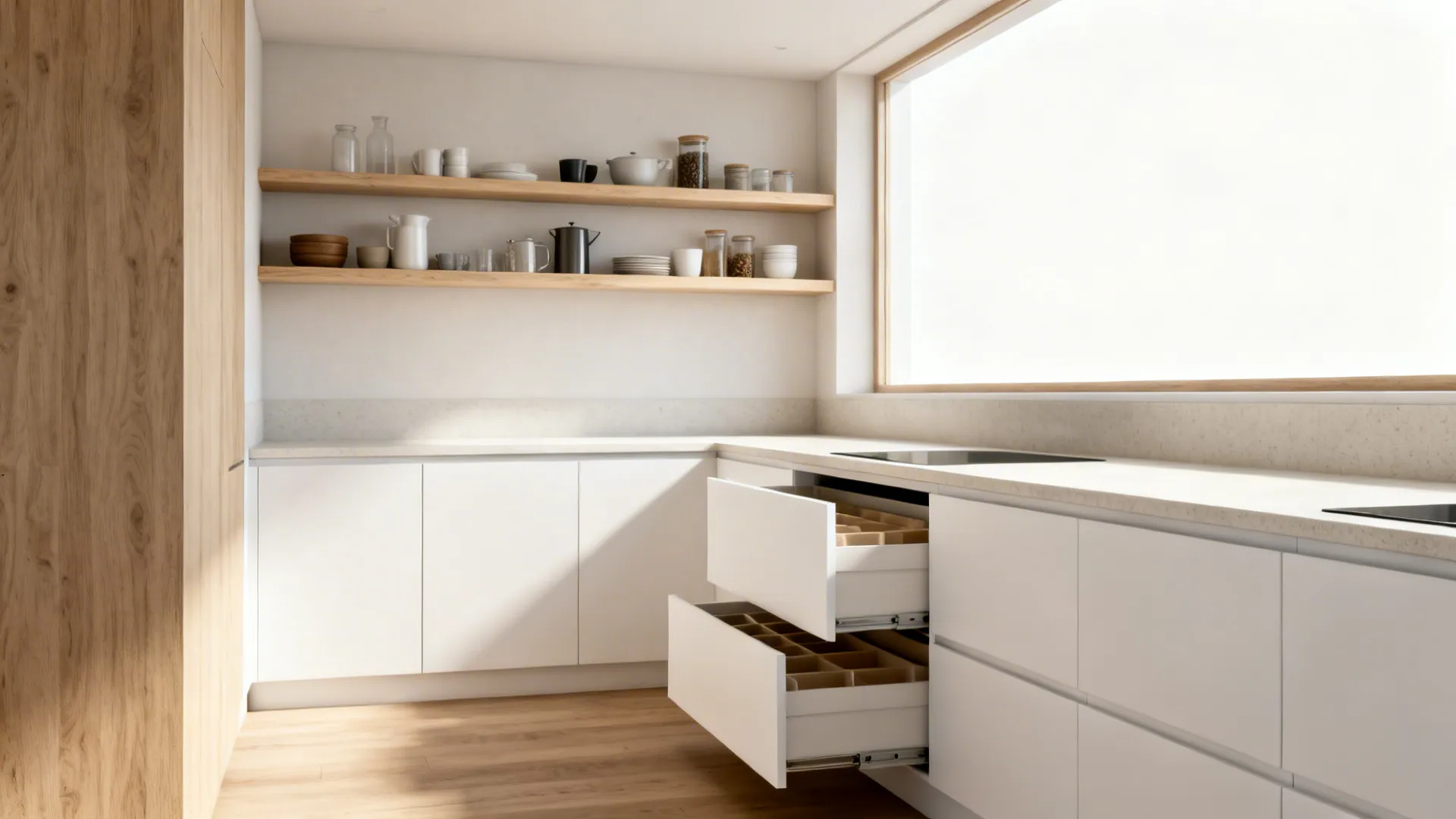 Bright kitchen with white cabinets open drawers wooden shelves and large window with natural sunlight