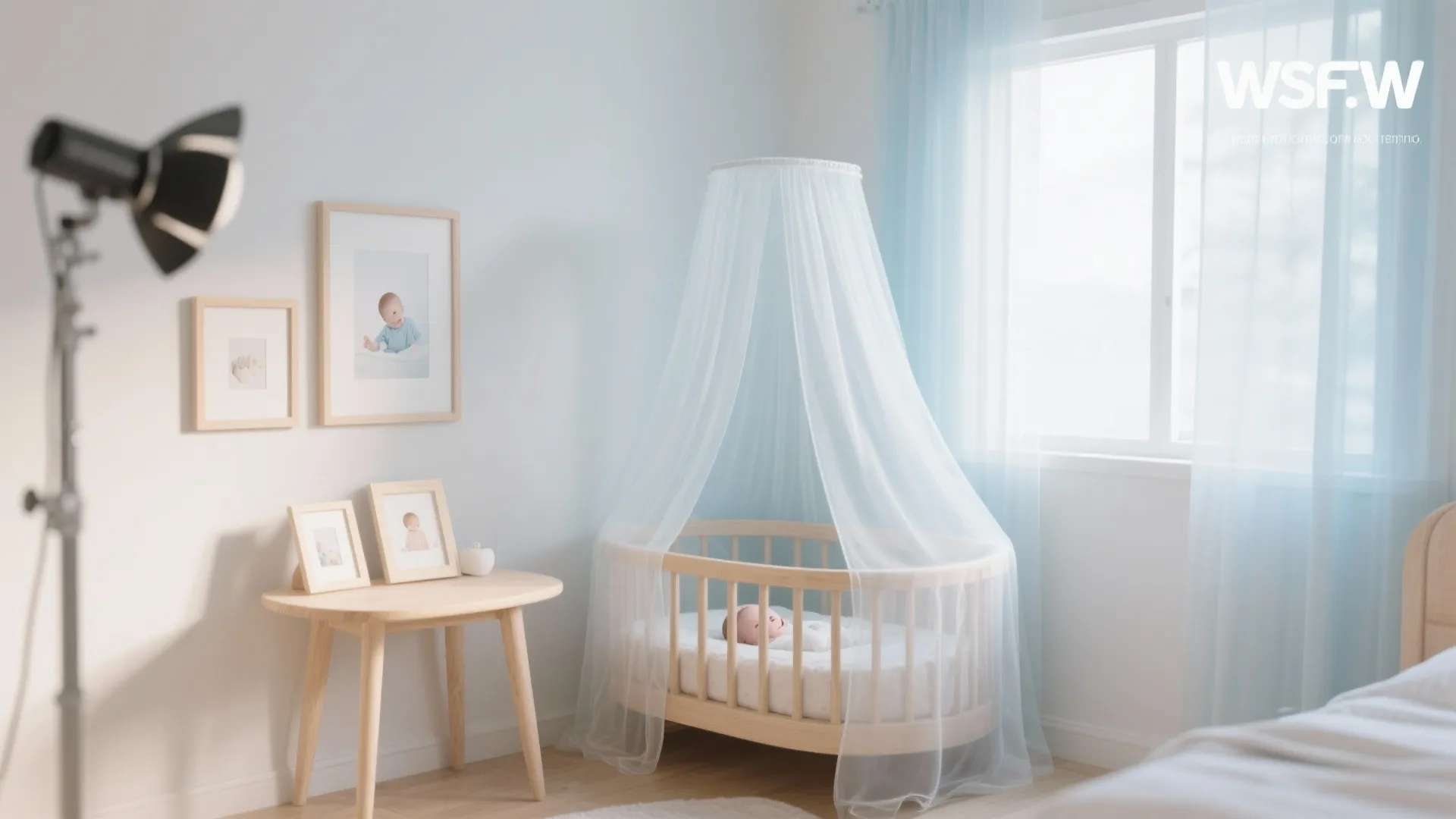 Airy small-space scene with sheer curtains, acrylic frames, light birch, and a translucent partition.