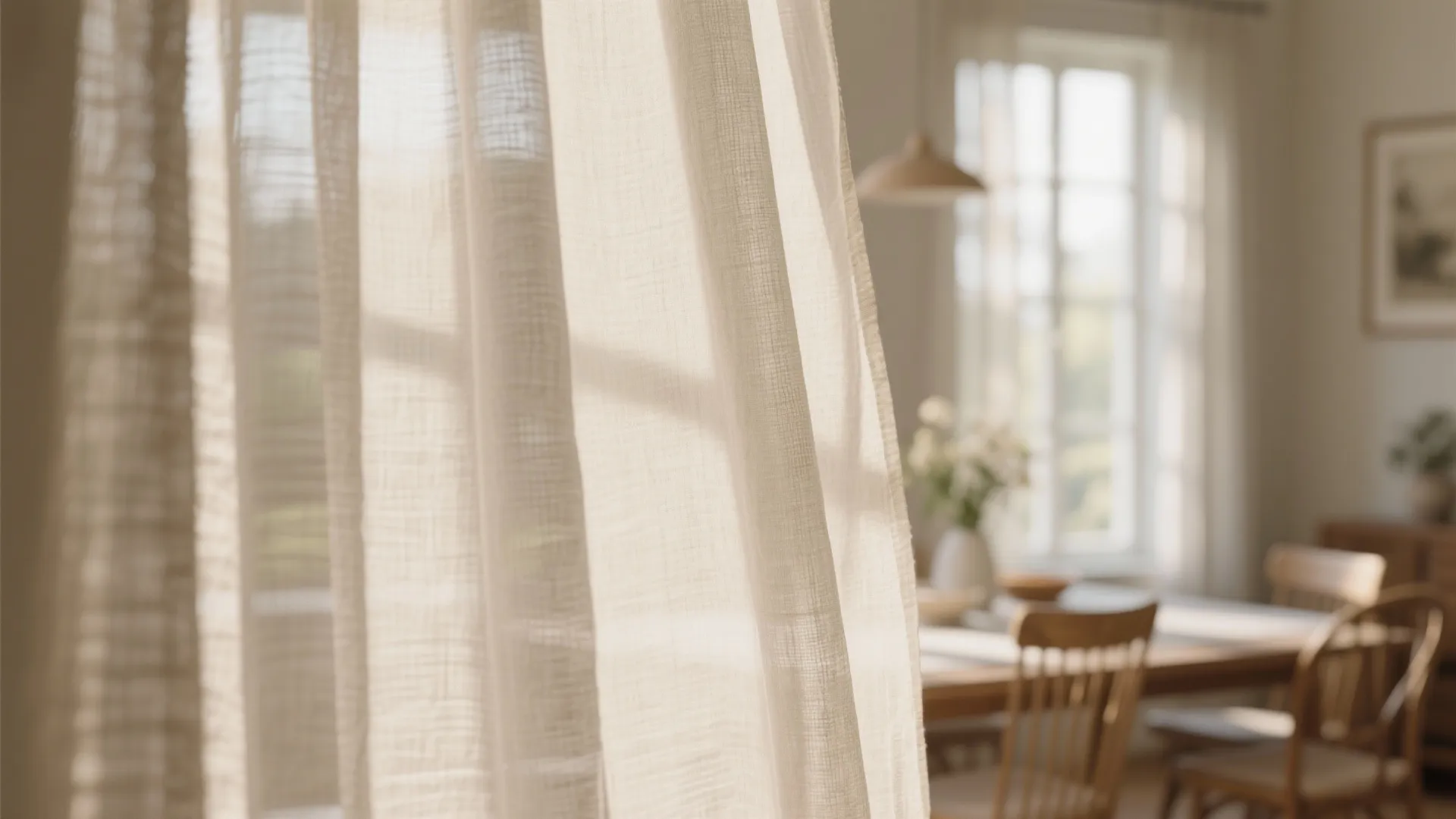 Close up of white linen curtain with natural sunlight in dining room with wooden furniture