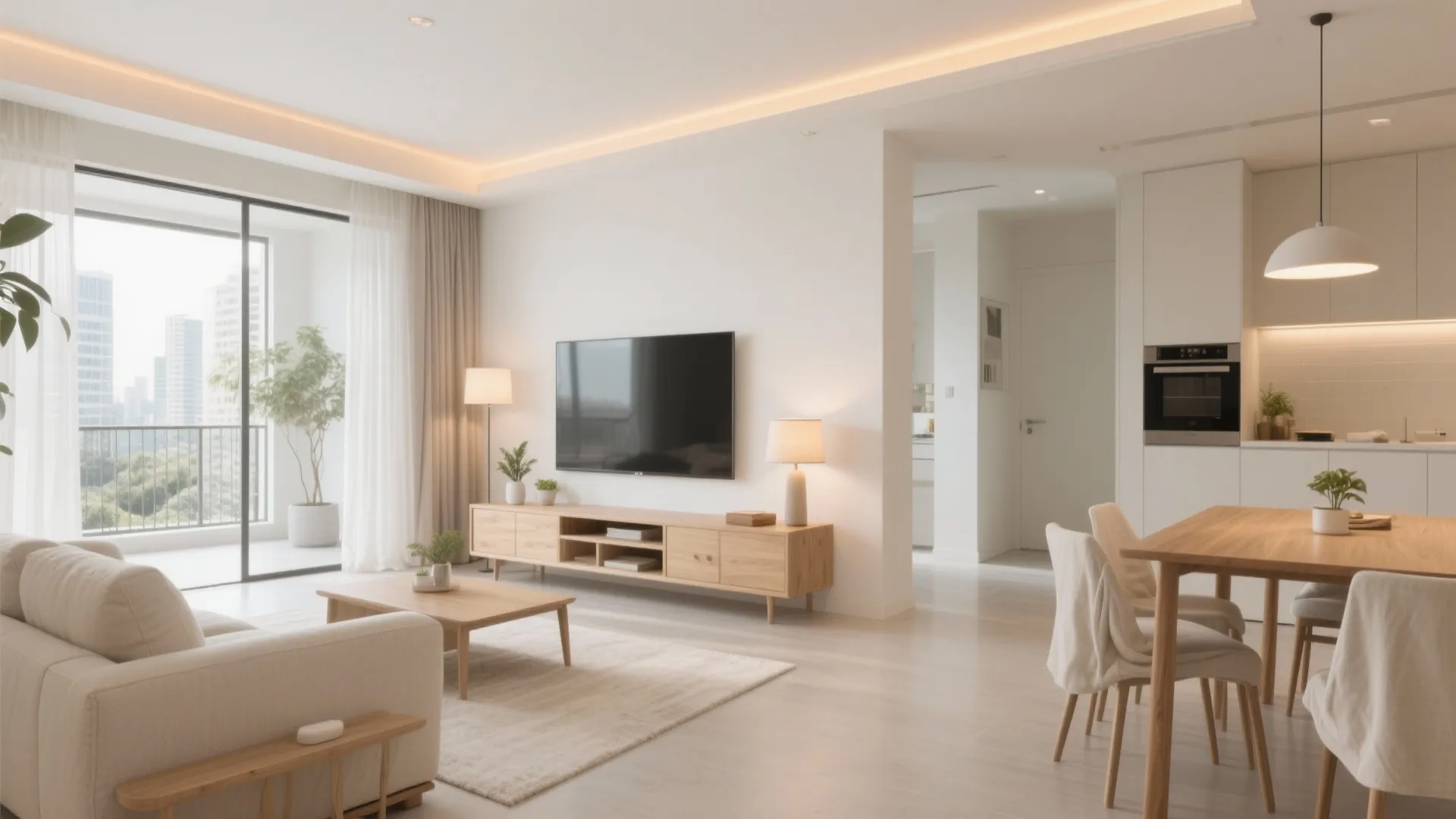 Airy living-dining flow with light-toned surfaces