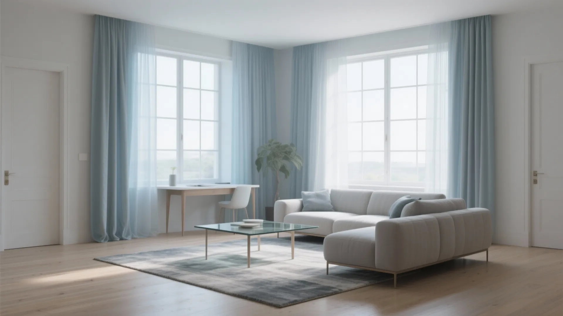Bright modern living room with grey sofa glass coffee table blue curtains and white work desk