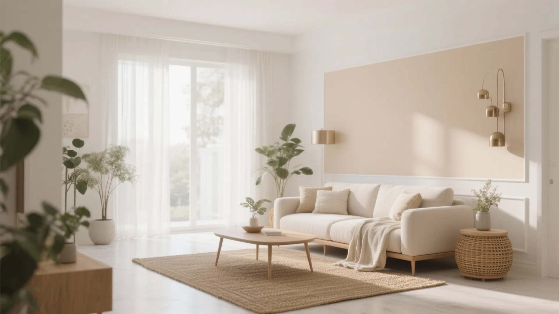Bright living room with white sofa wooden coffee table beige wall panel and gold light