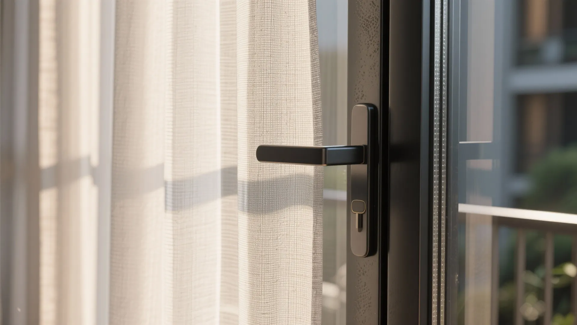 Close-up of black window handle on a glass door with white curtains and bright sunlight