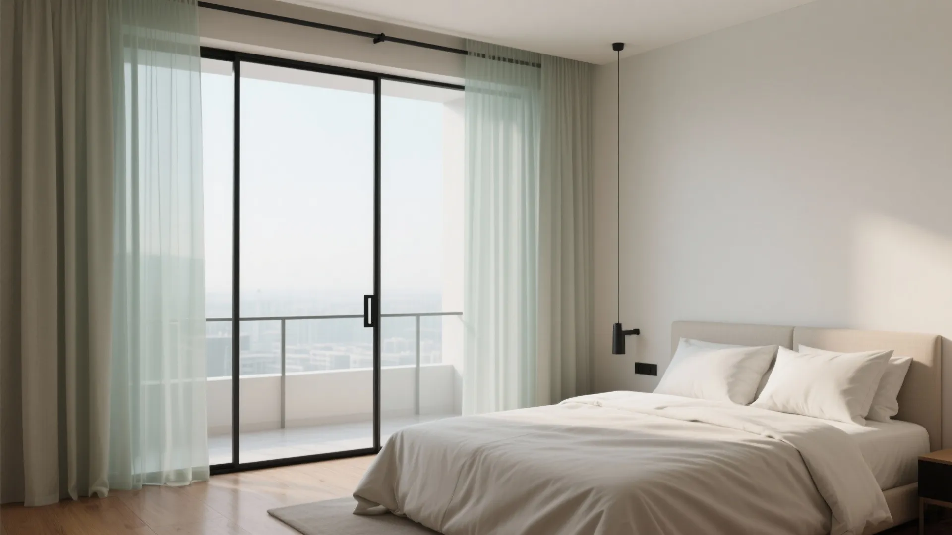 Minimalist bedroom with white bed light green curtains large sliding glass door and balcony view