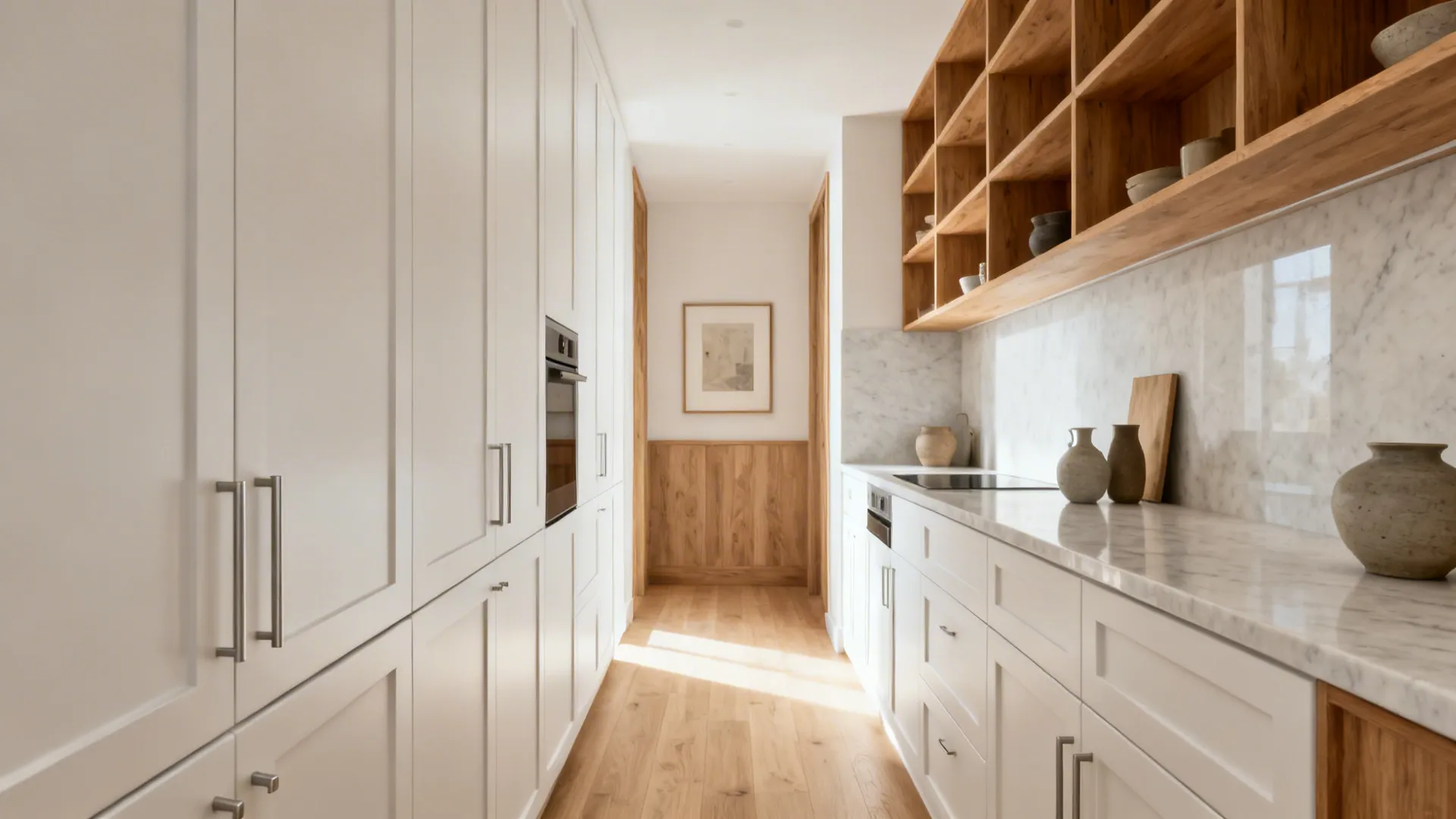 Light galley kitchen with matte white cabinets, oak shelves, and slab backsplash creating a wider feel.