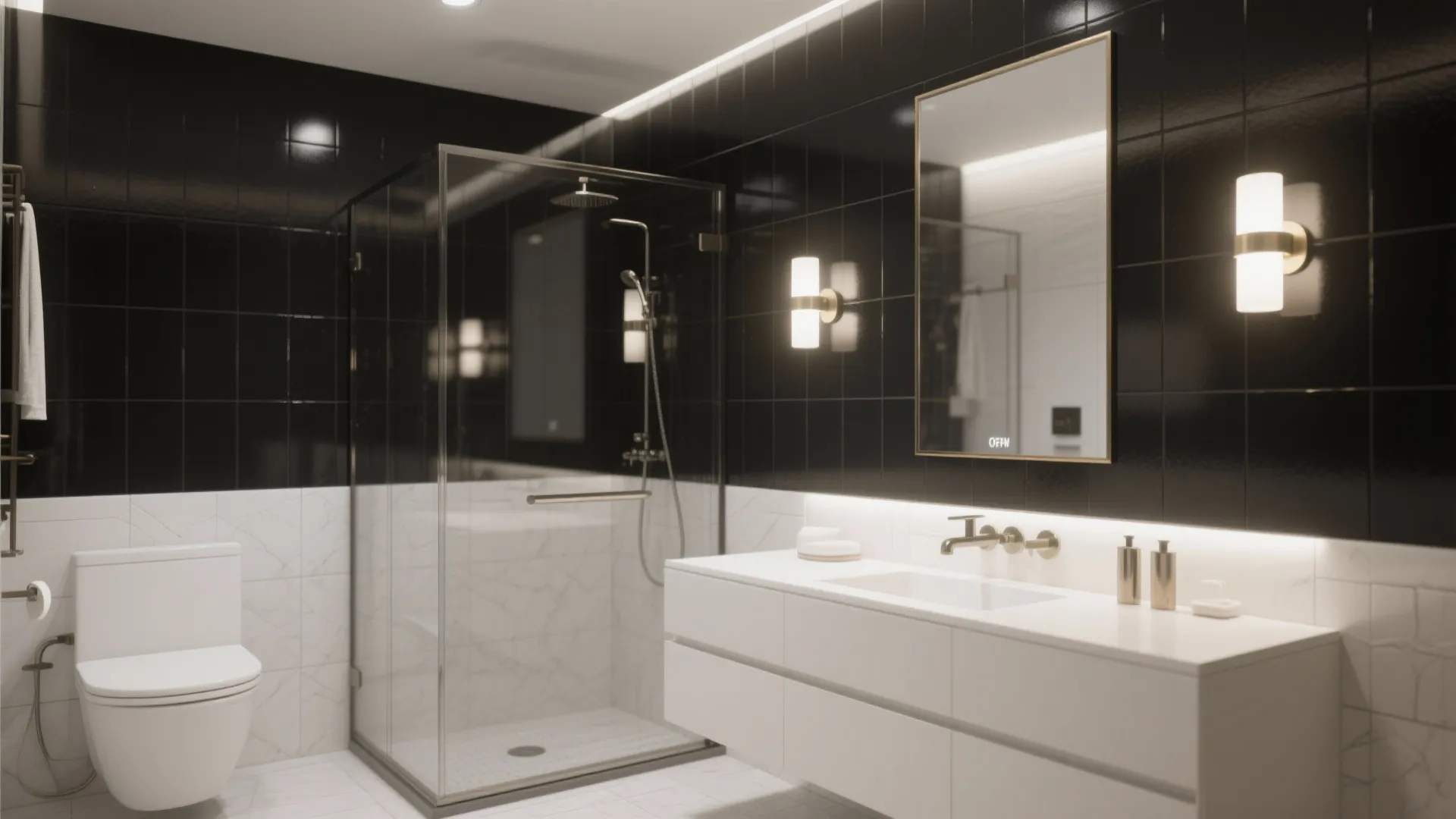 Modern bathroom with black wall tiles white cabinet glass shower box and gold wall lights