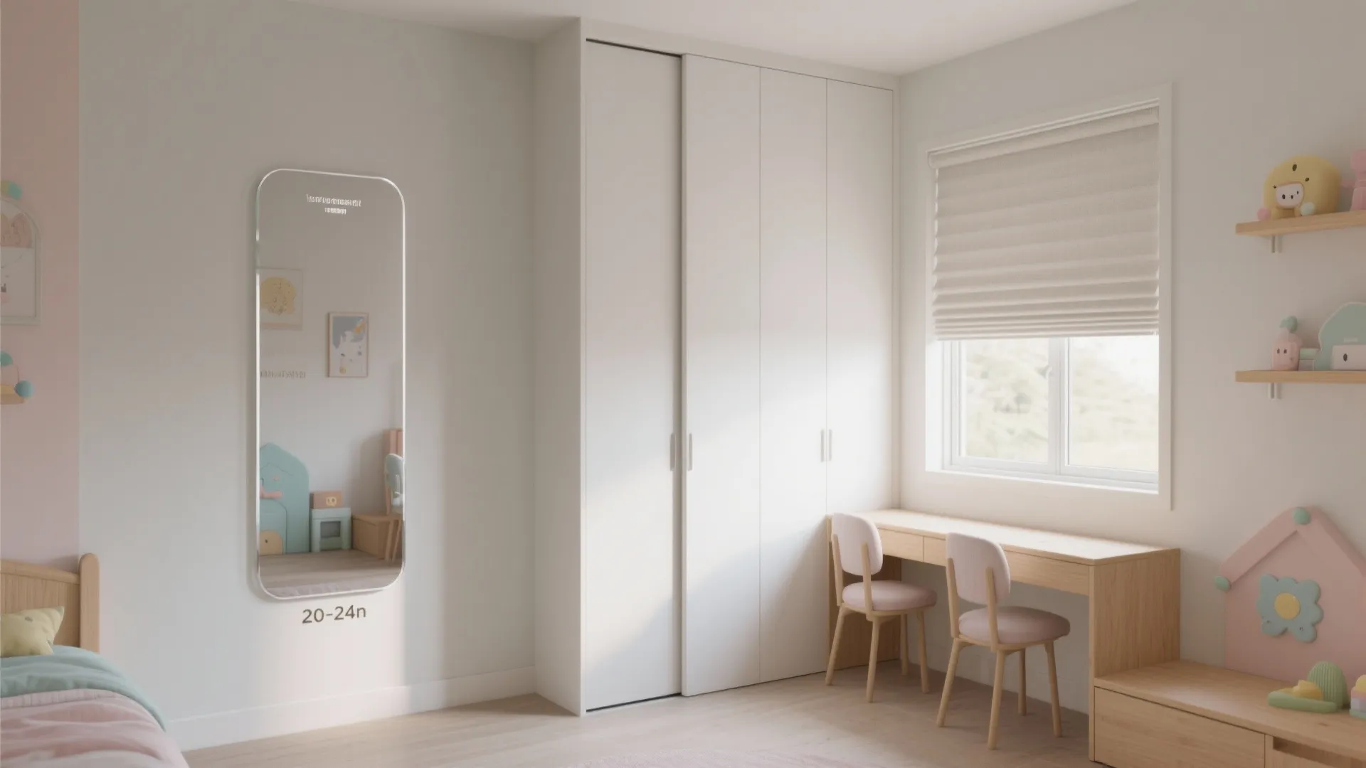 Airy palettes, safe mirrors, and slim wardrobes that reflect light