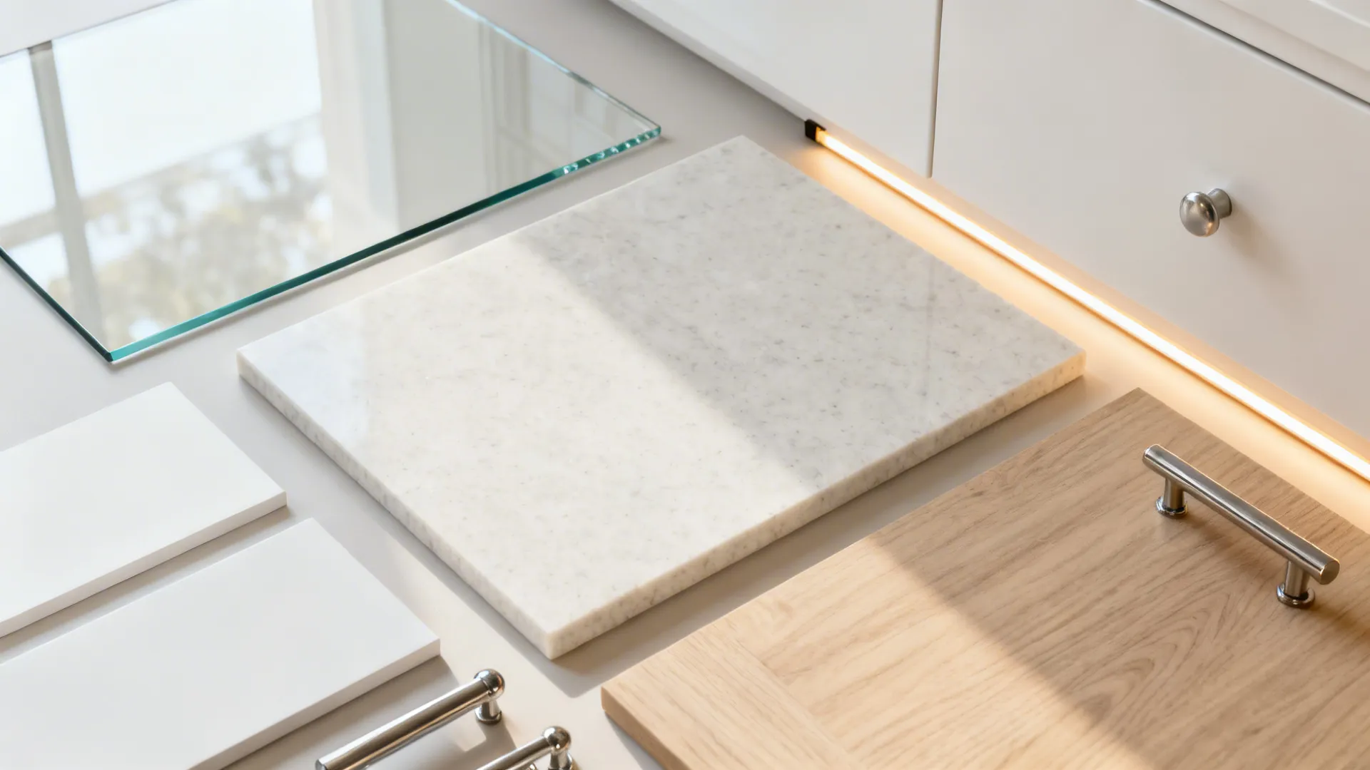 Material board showing white marble slab with wood samples and metal handles for modern kitchen design