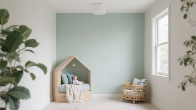Serene Nursery with House-Shaped Bed & Rattan Chair