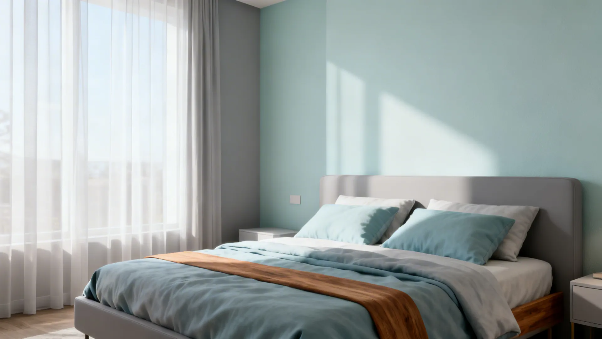 Small bedroom with Sea Salt/Comfort Gray walls, natural light and warm wood accents.