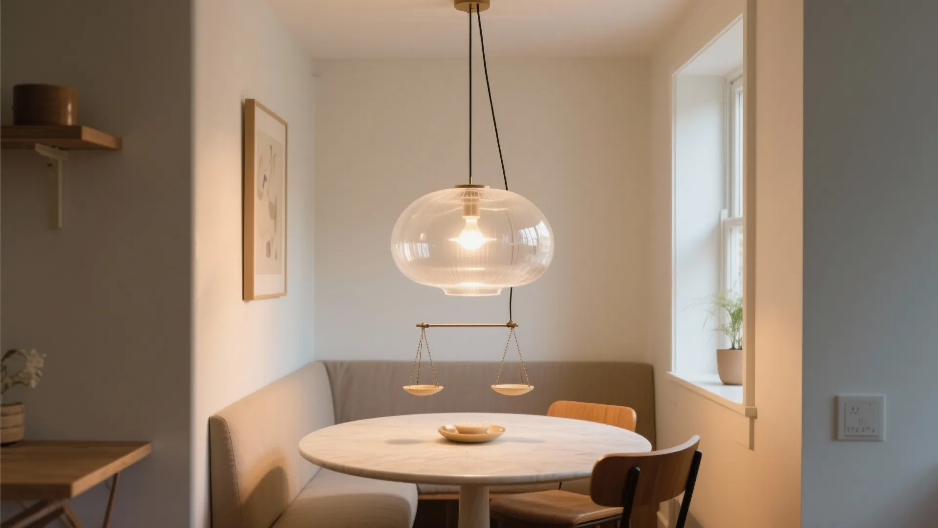 Small dining nook with an airy translucent pendant centered above a table, warm dimmable glow.