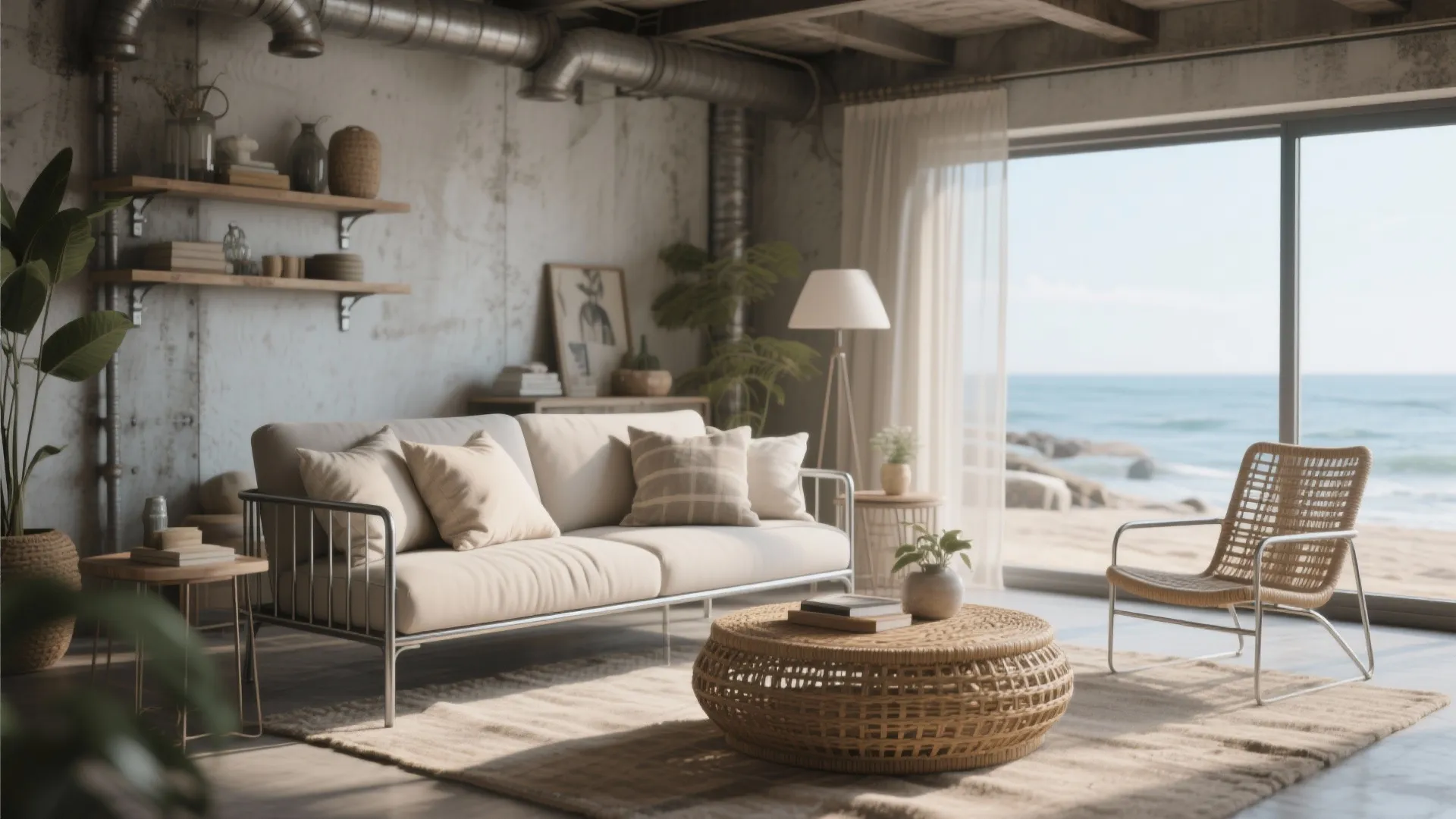 Industrial living room with cream sofa rattan coffee table woven chair and beach view window