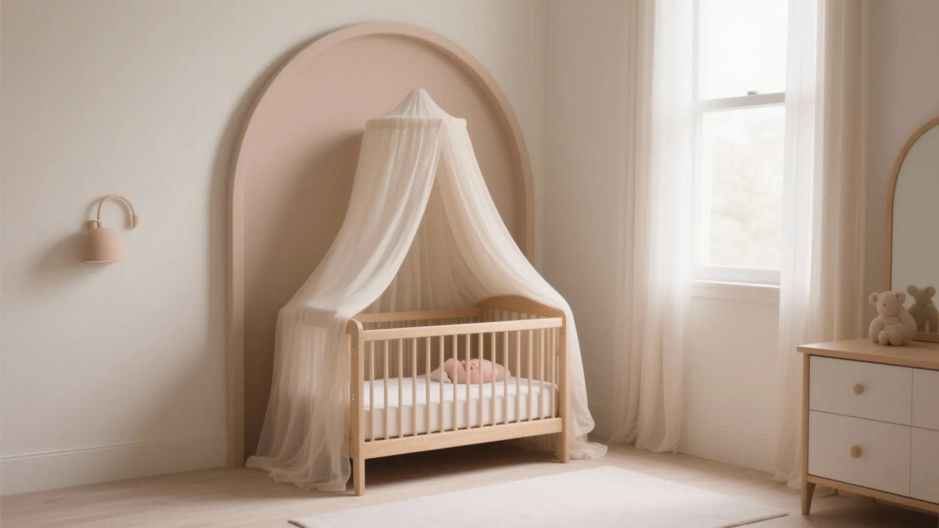 Modern nursery with wooden baby bed under white curtain next to window and white cabinet
