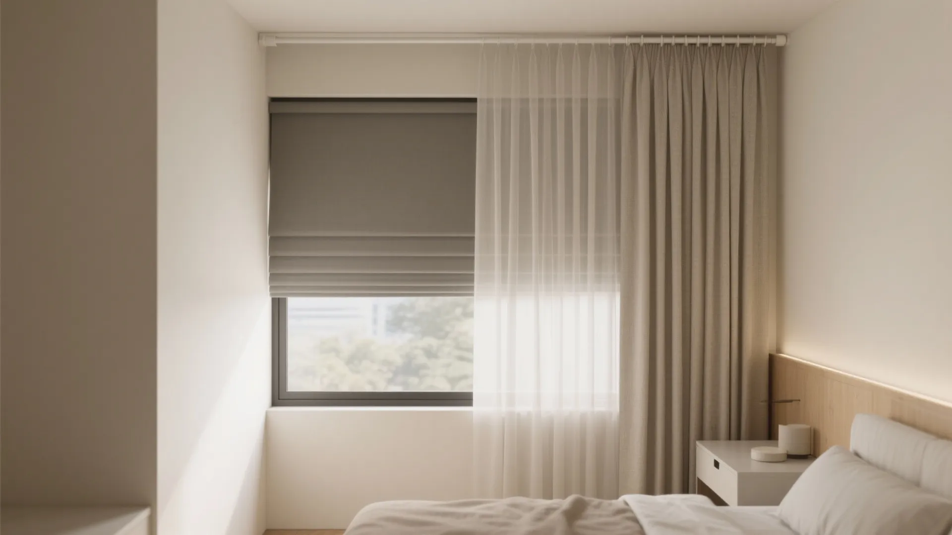 Small bedroom window with layered sheer and blackout curtains on a slim ceiling track, glowing with soft daylight.