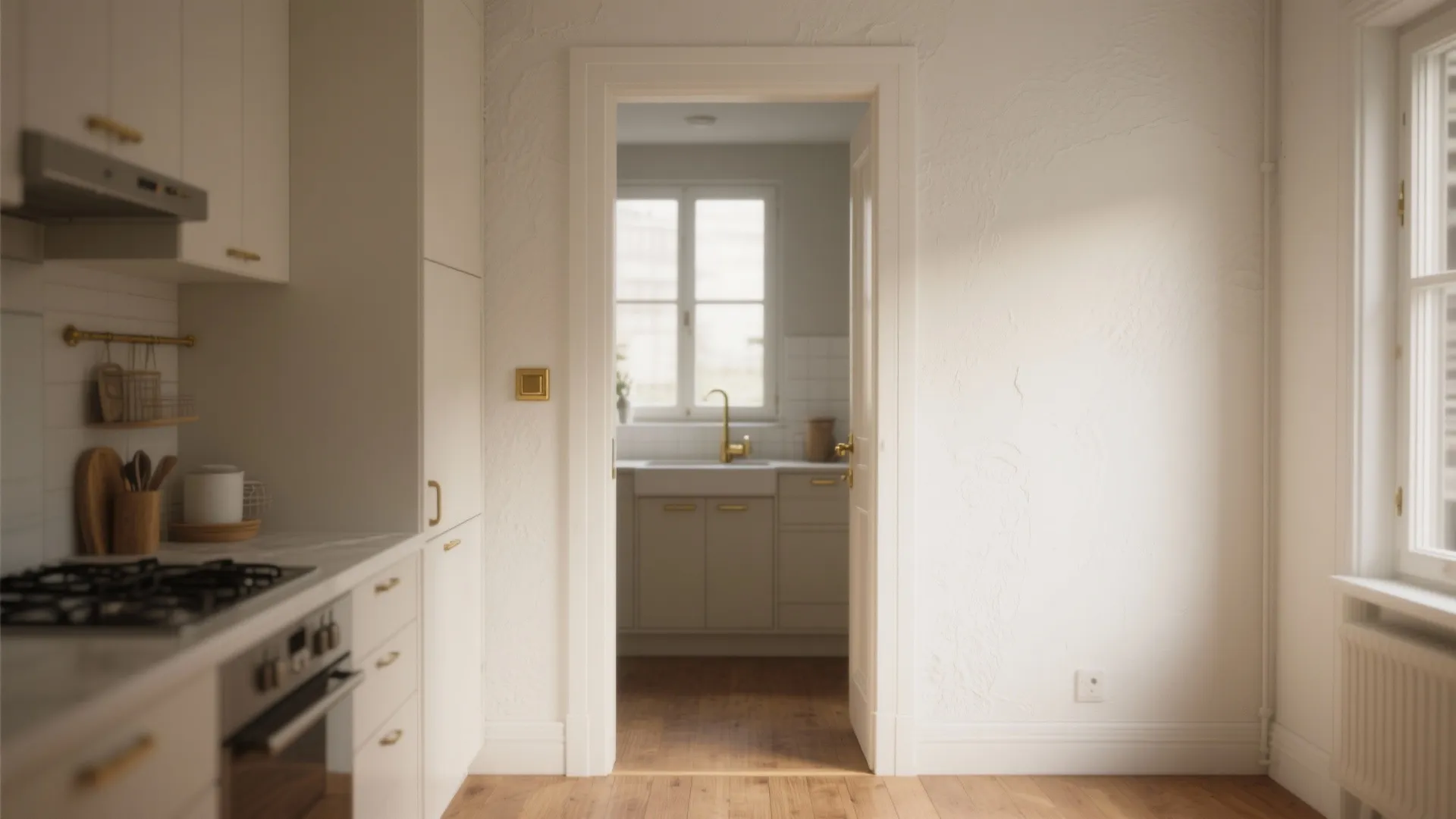 Bright white kitchen area with wooden floor looking through a doorway into another small kitchen
