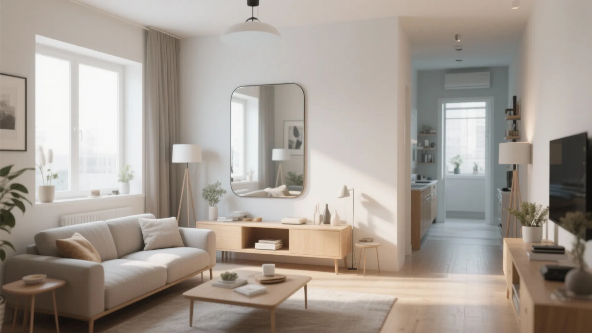 Bright living room with grey sofa wooden furniture large wall mirror ceiling light and hallway view