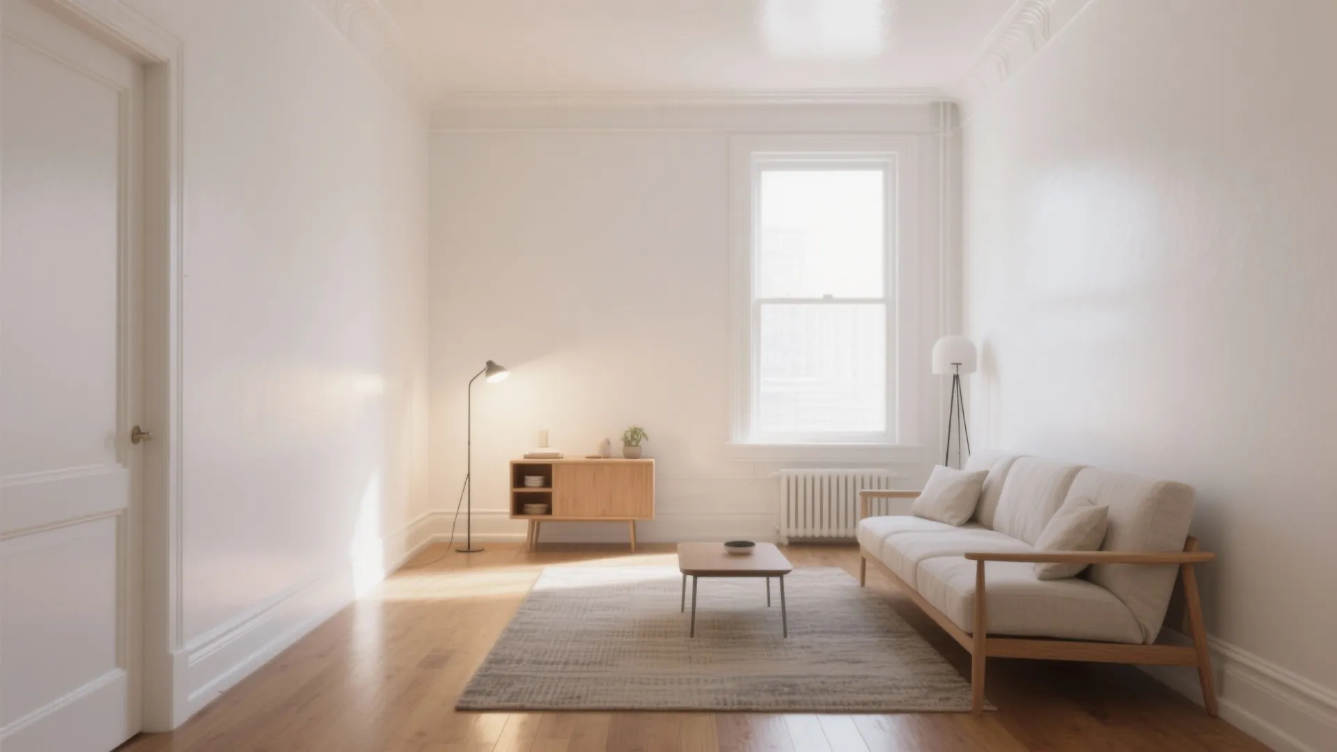 Bright minimalist living room with white walls wood flooring small cabinet sofa window and light