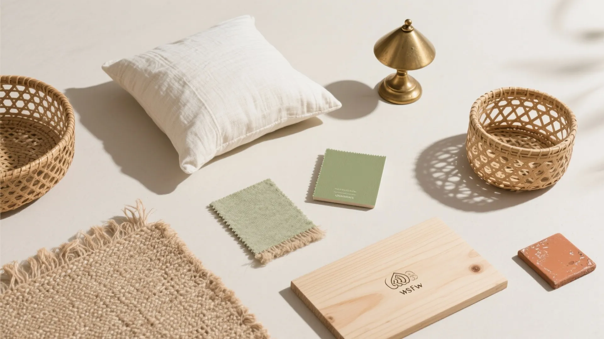 Mood board with white pillow woven baskets green fabric samples wood board and a gold ornament