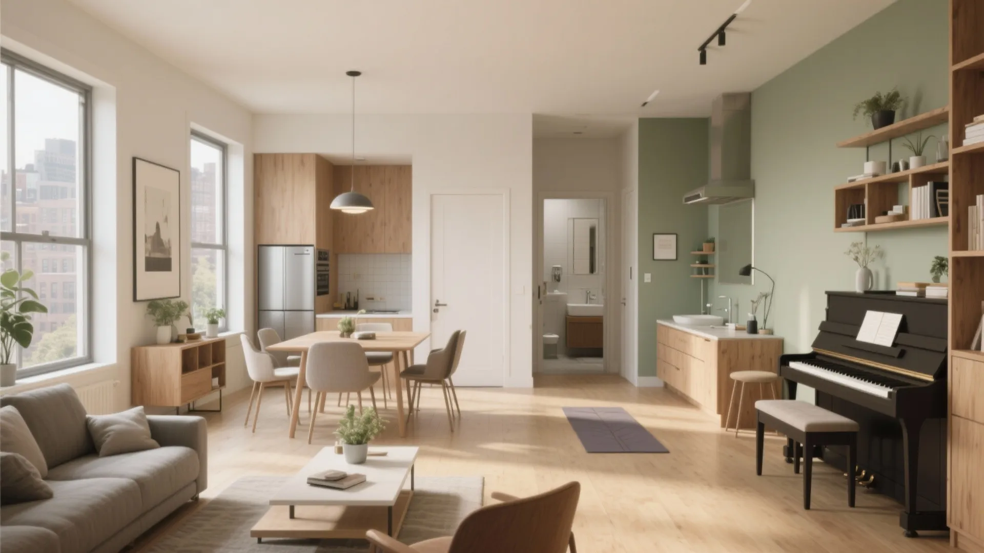 Open plan living room with grey sofa dining table black piano and green wall panel