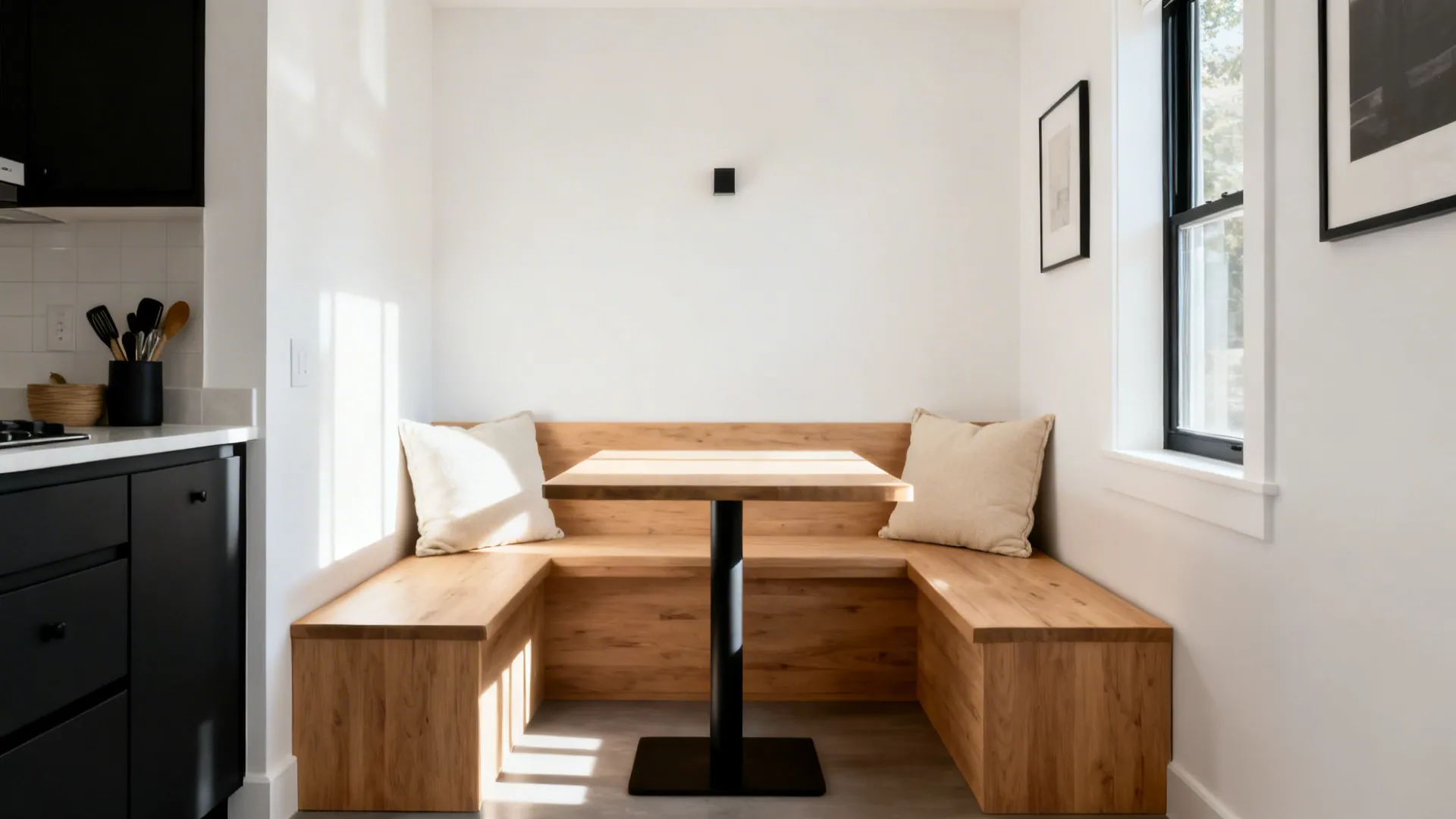 Light oak bench and table with cream cushions brighten a compact kitchen nook.