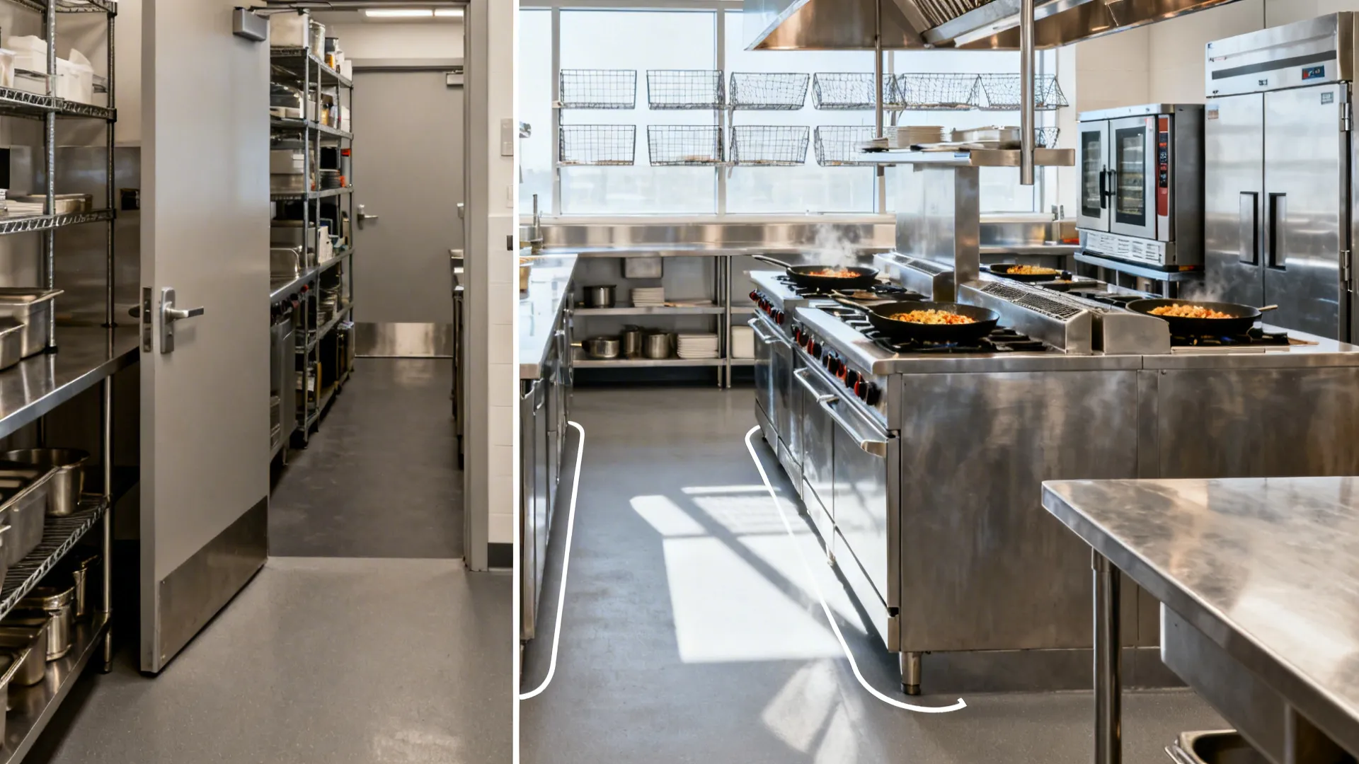 Before-and-after split view showing a cramped kitchen aisle versus an optimized 106–122 cm aisle with clear door swings.