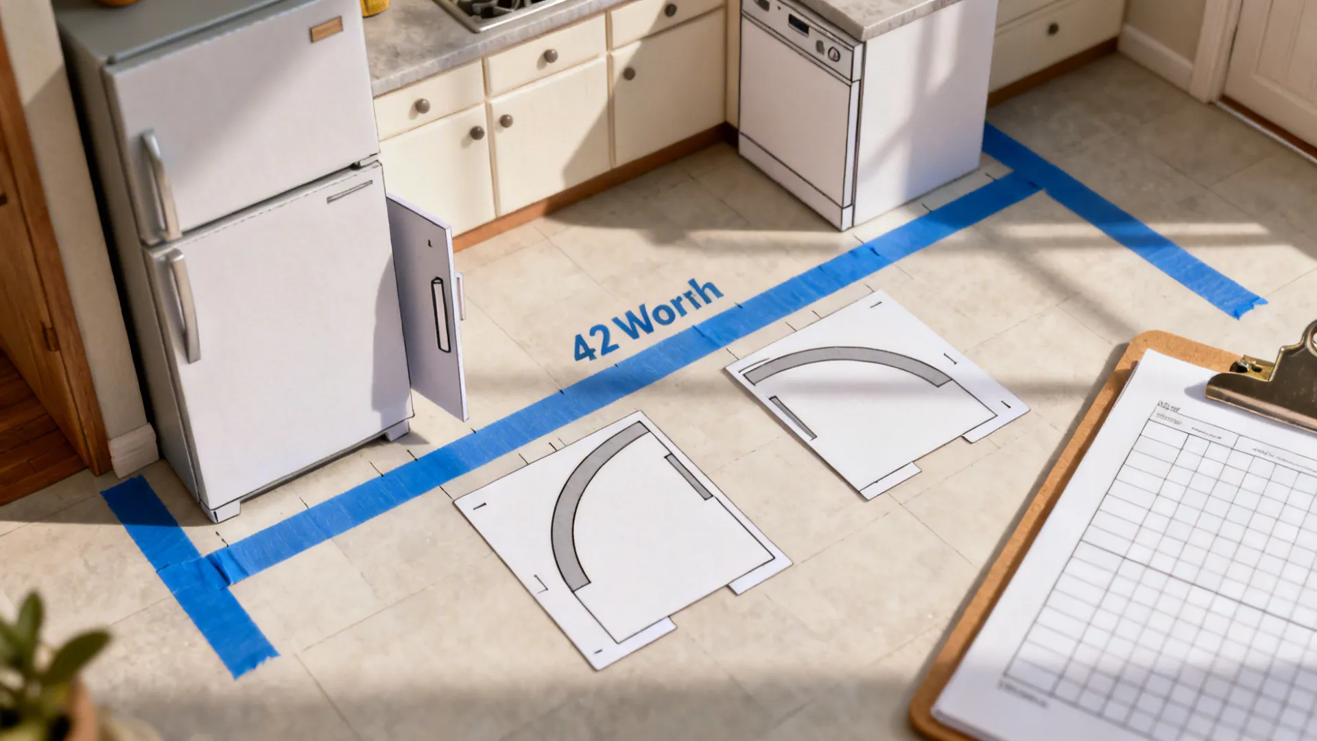 Top-down view of blue tape marking a 42-inch aisle with appliance swing templates for layout testing.