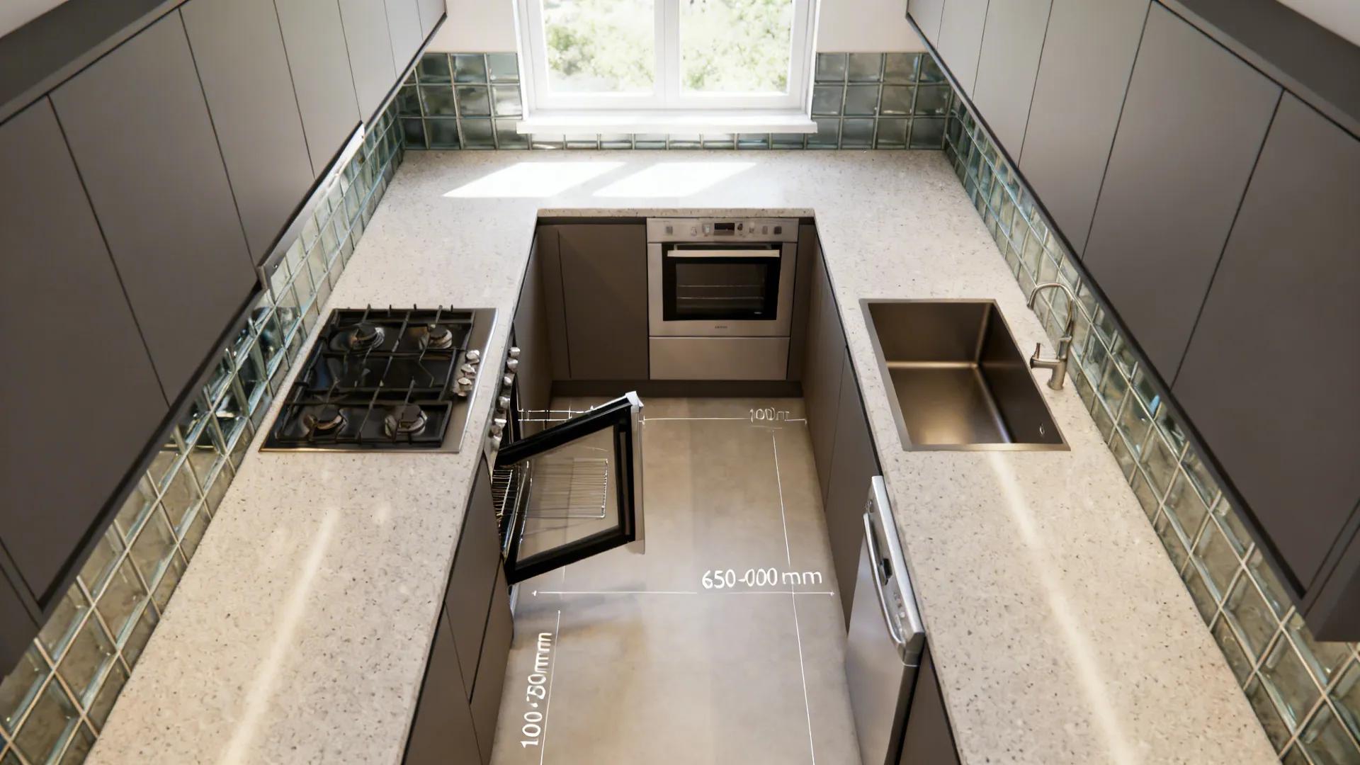 Top-down view of a galley kitchen showing 1000–1050 mm aisle and deeper window-side counters.