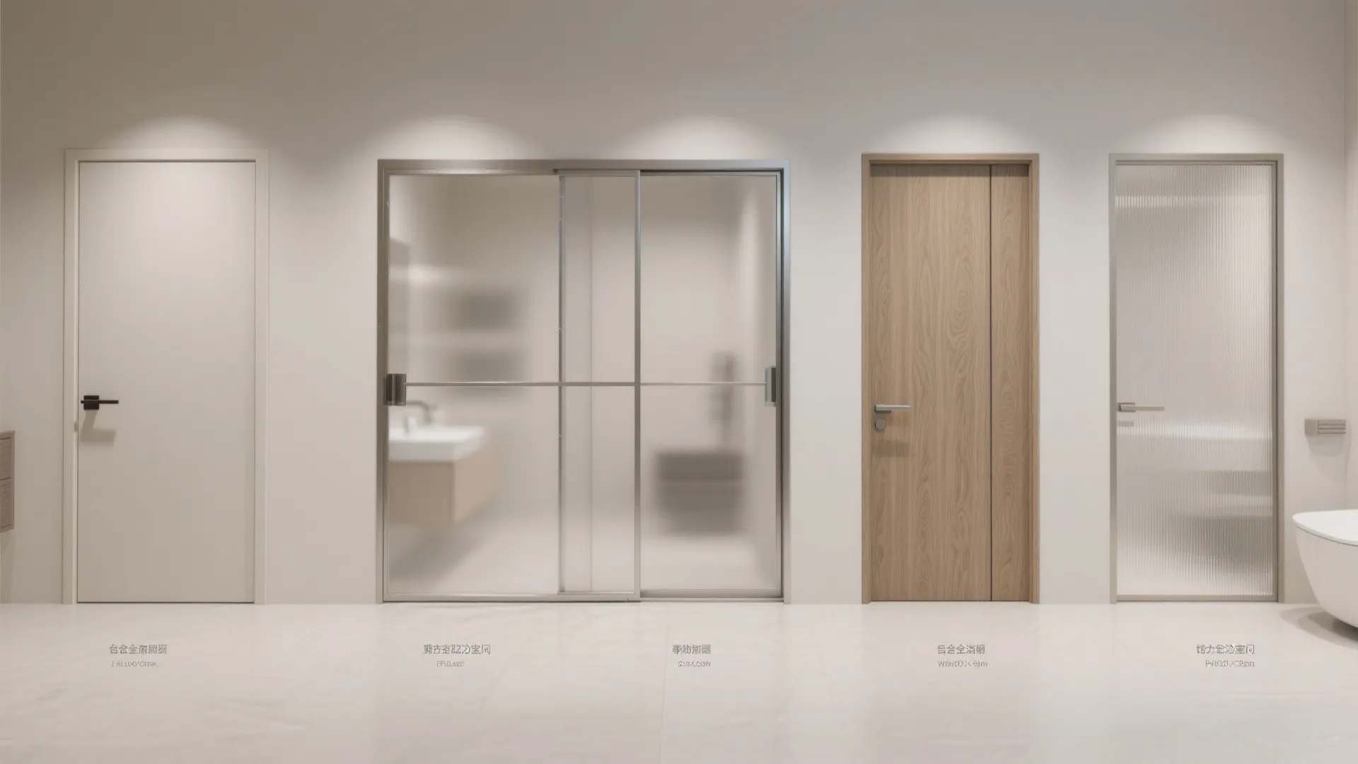 Interior design drawing showing four different door styles including wood glass and sliding door frame options
