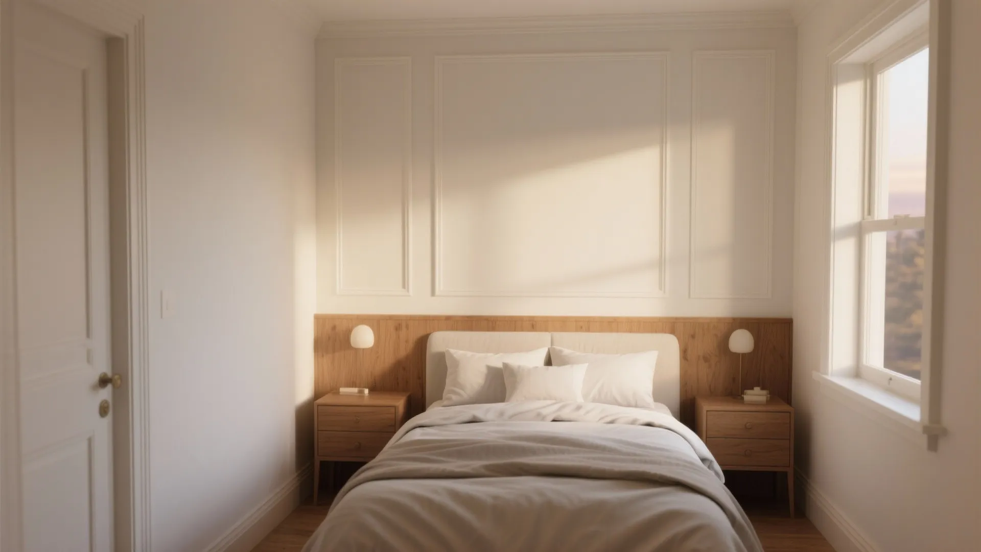 Modern bedroom with white wall panel wood headboard bedside tables small lamps and large bright window