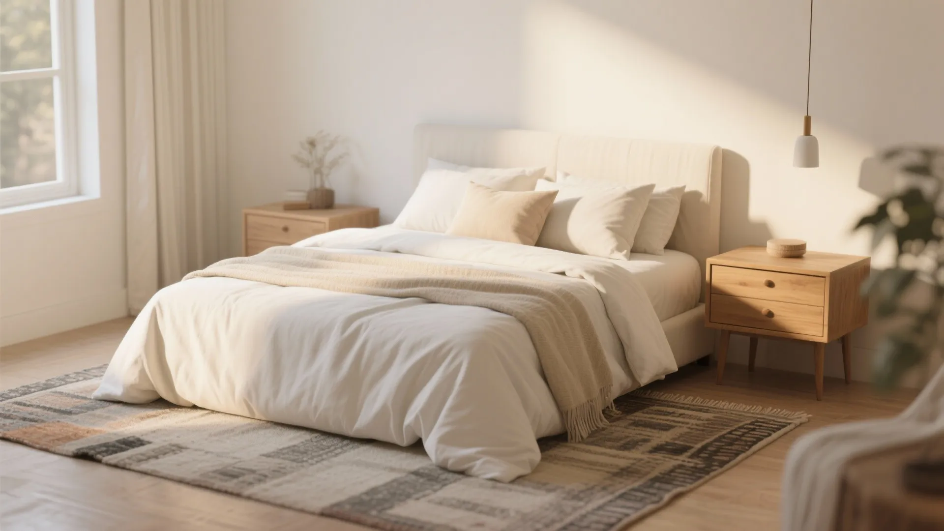 Cozy bedroom with a white bed wooden nightstands a patterned rug and soft natural light