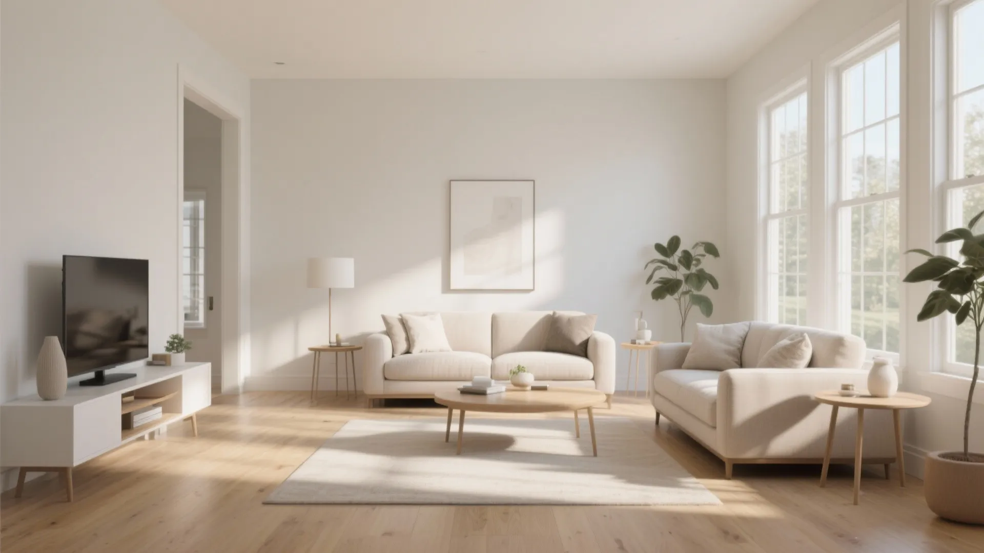 Bright living room with cream sofa coffee table white cabinet wooden floor and large windows