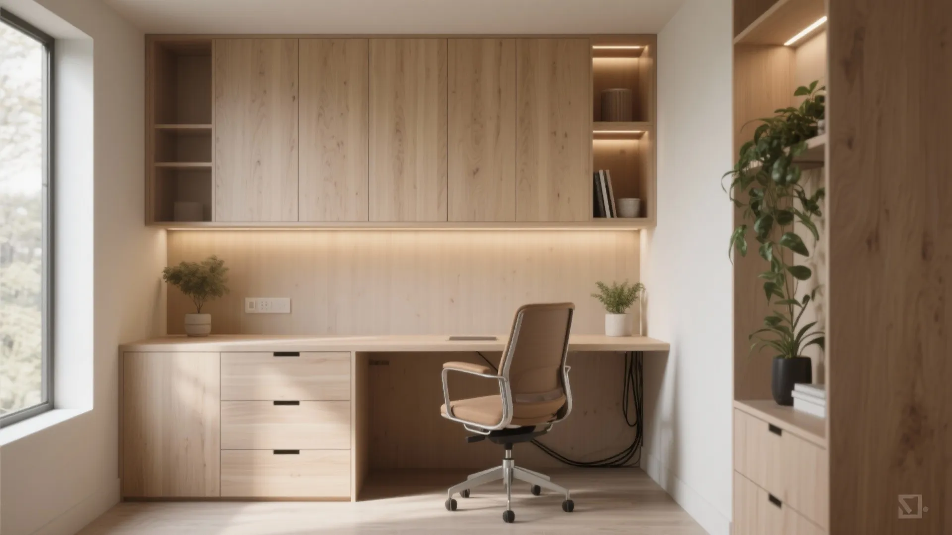 Custom-built alcove workstation with seamless cabinetry, integrated drawers, and a floating desktop in light wood veneer.