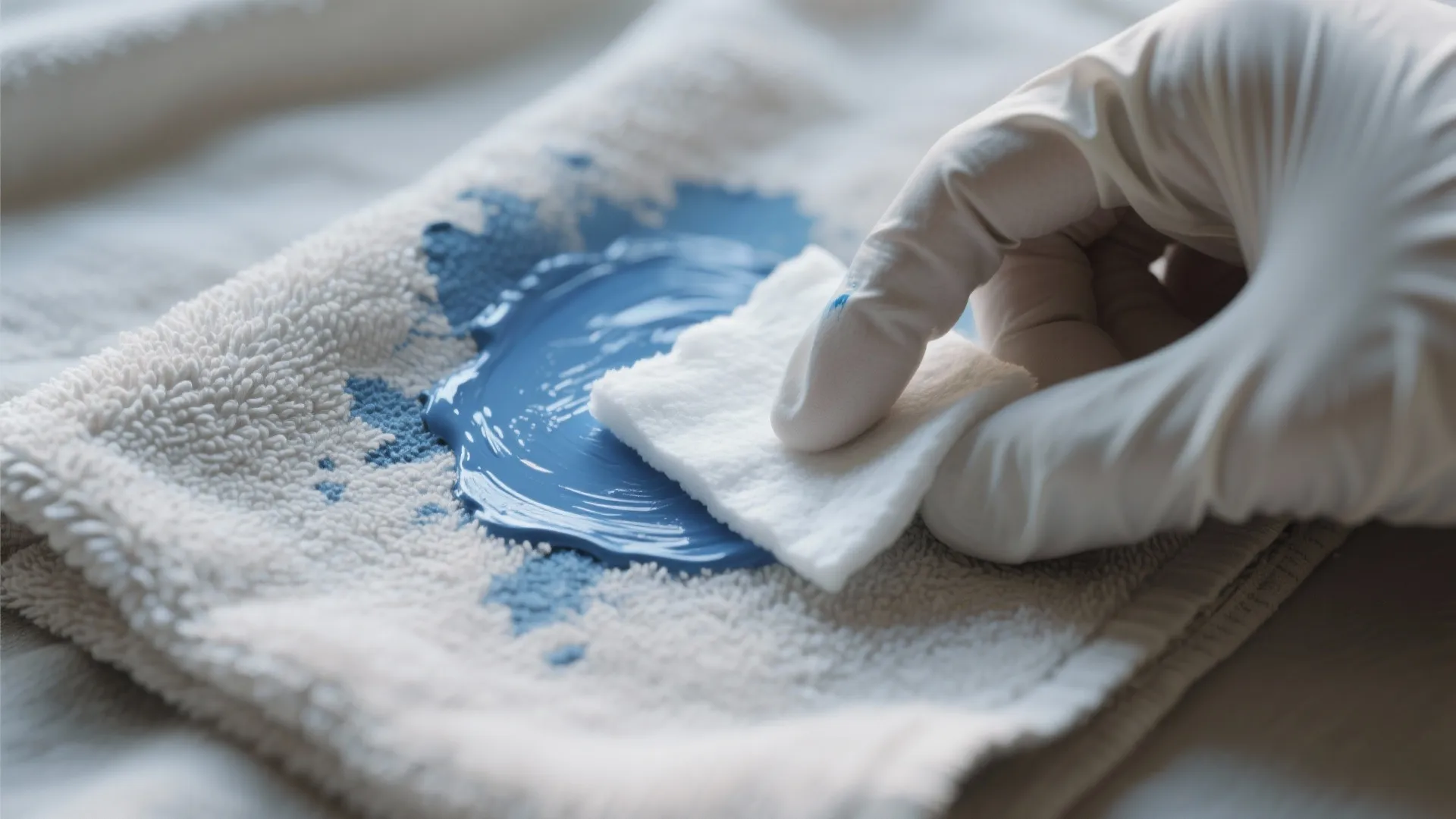 Macro blotting of semi-dried acrylic paint on fabric with rubbing alcohol and cotton pad