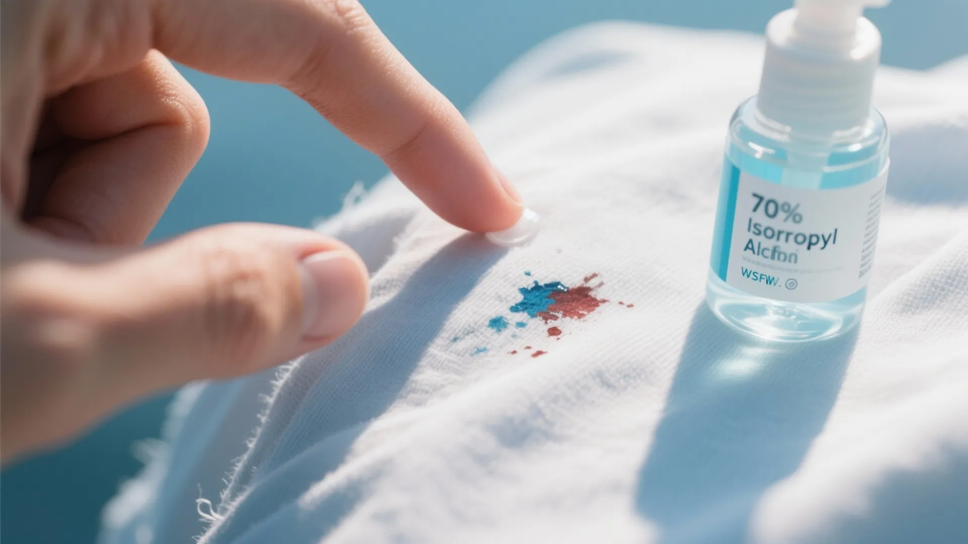 A person cleaning blue and red ink stains on white fabric using a small bottle