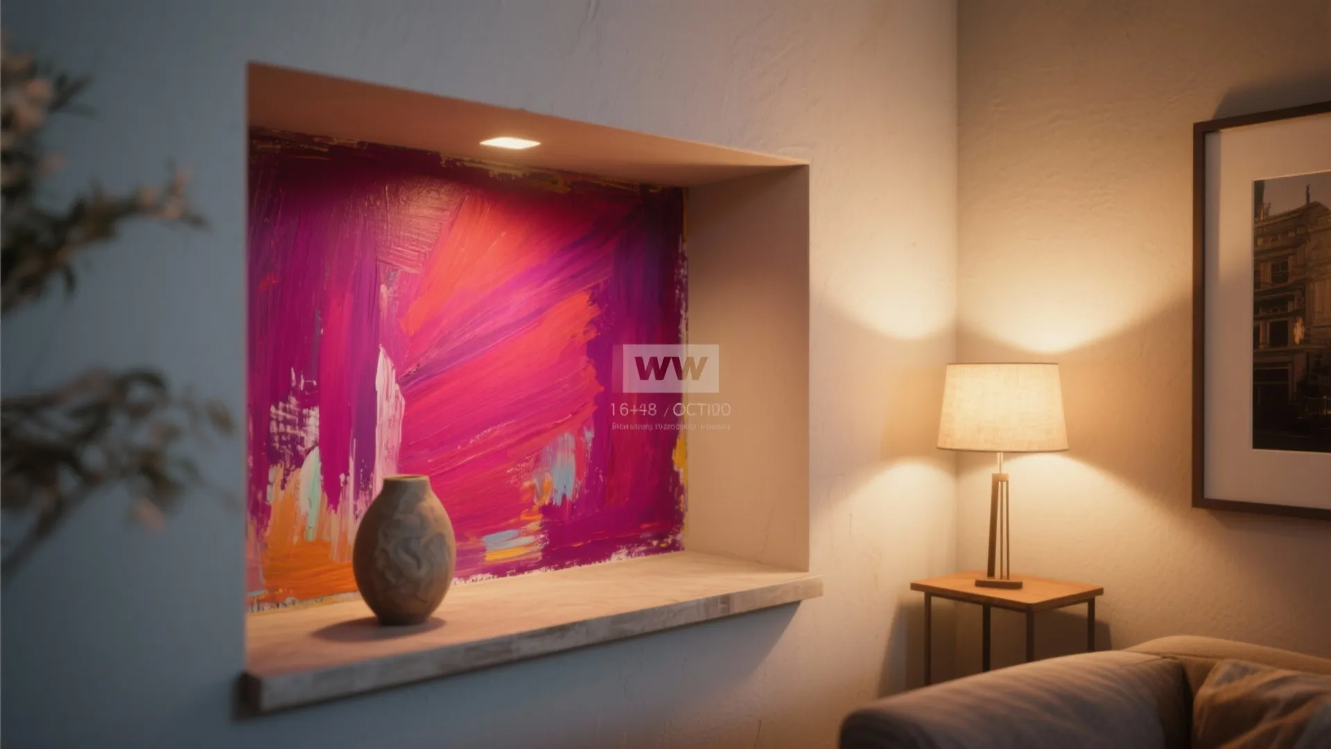 Modern wall niche with colorful pink mural small vase warm lighting and cozy side table lamp