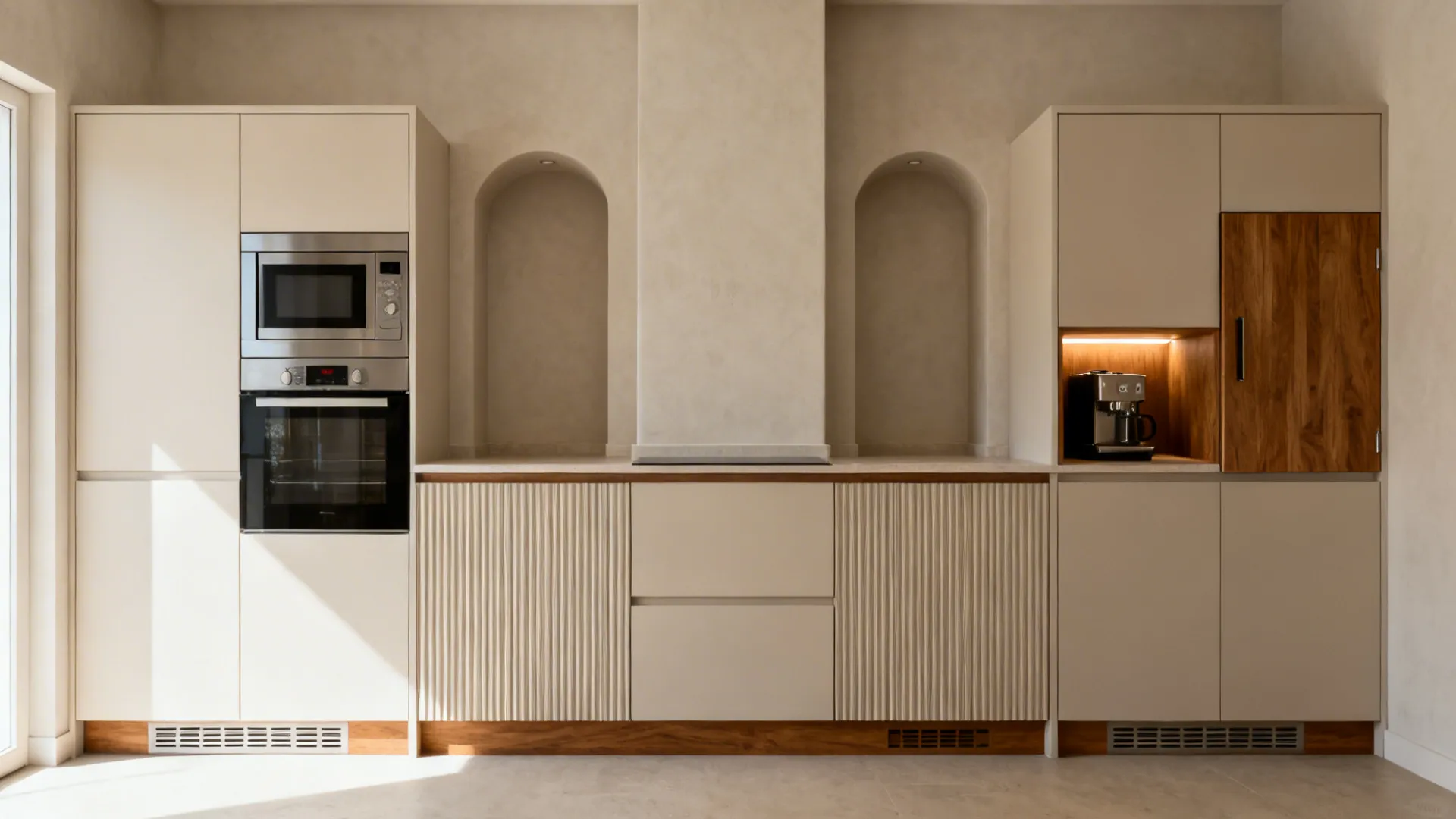 Integrated microwave-oven stack and a lit coffee niche with pocket door in chimney alcoves.