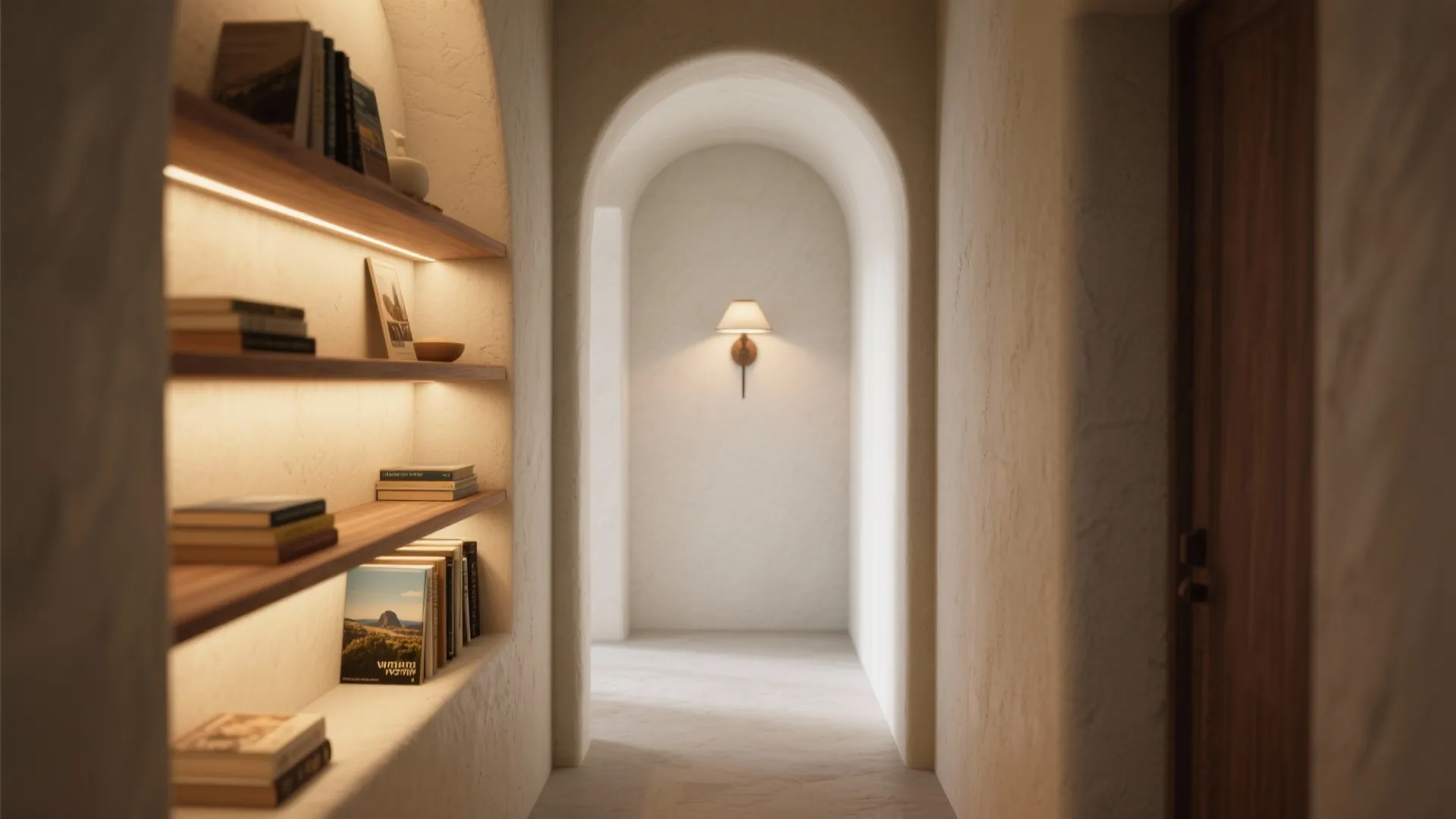 Shallow arched alcove shelves with warm LED lighting in a minimalist hallway.