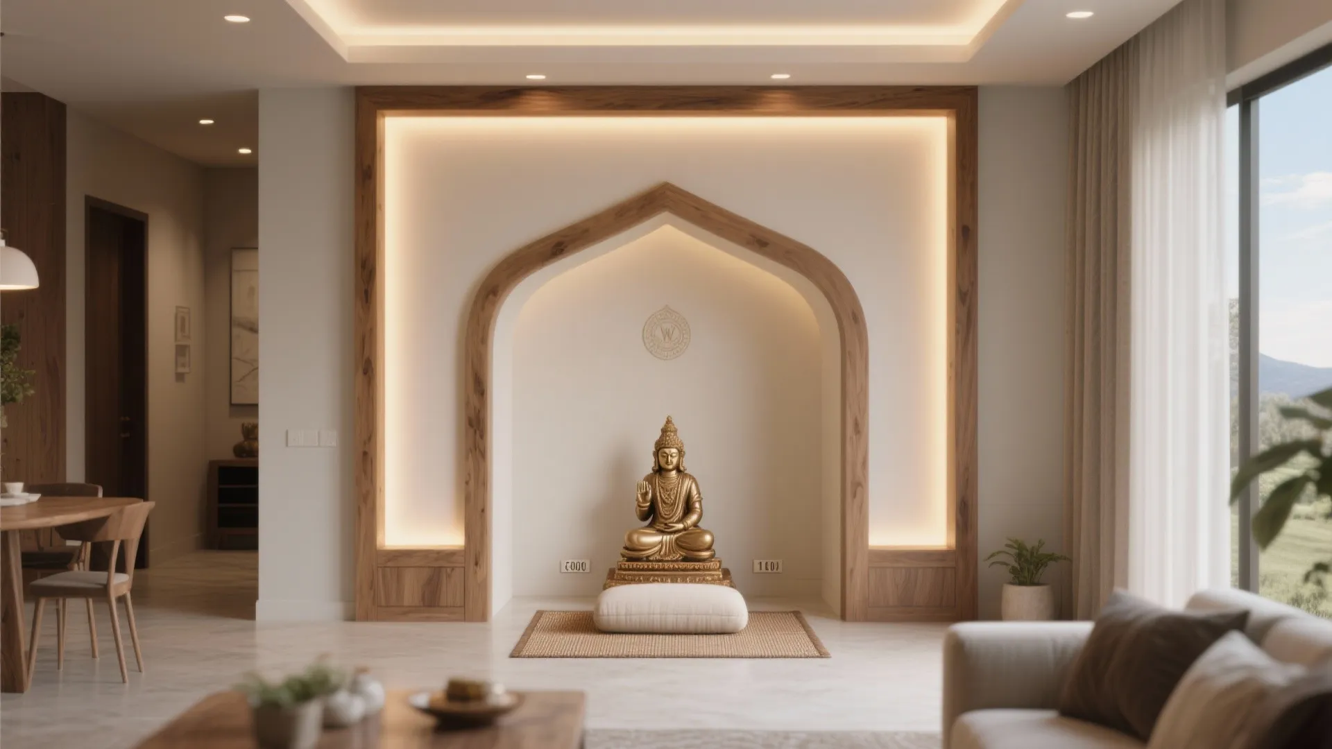 Golden statue sitting inside a wood arched wall niche with warm background lights and sofa