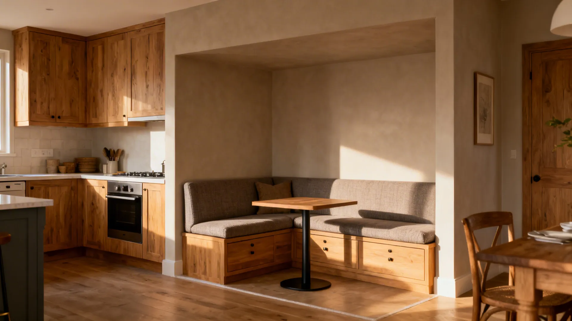 Built-in banquette with drawers fits into a chimney alcove beside the kitchen.