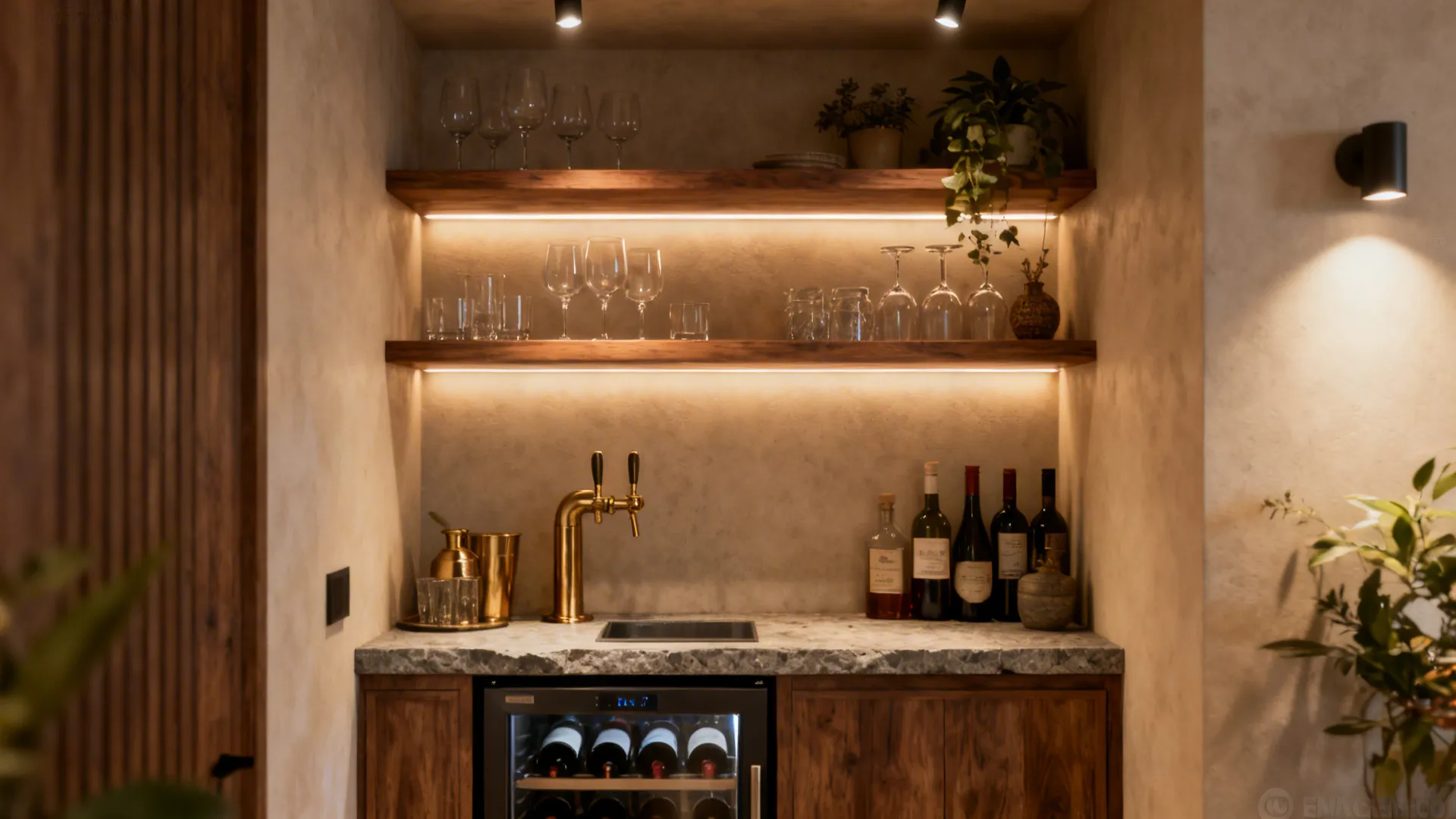 Built-in alcove bar with floating shelves, wine fridge, and warm accent lighting.